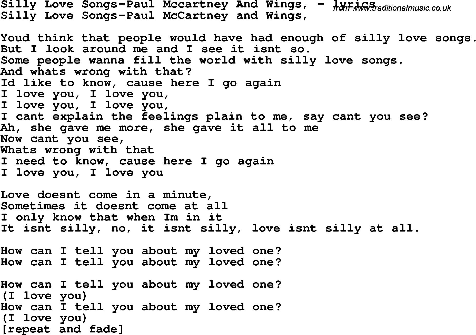 Love Song Lyrics for: Silly Love Songs-Paul Mccartney And Wings,