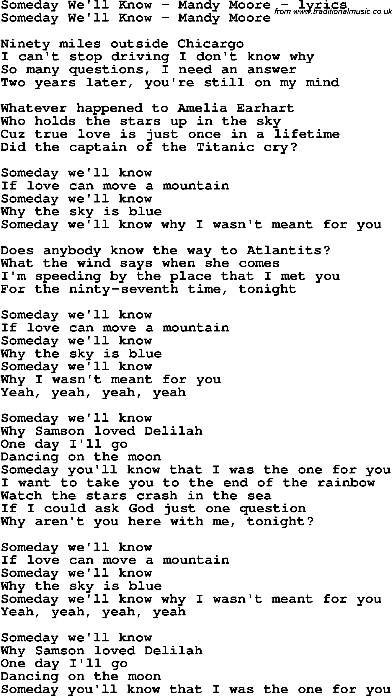 Love Song Lyrics for: Someday We'll Know - Mandy Moore
