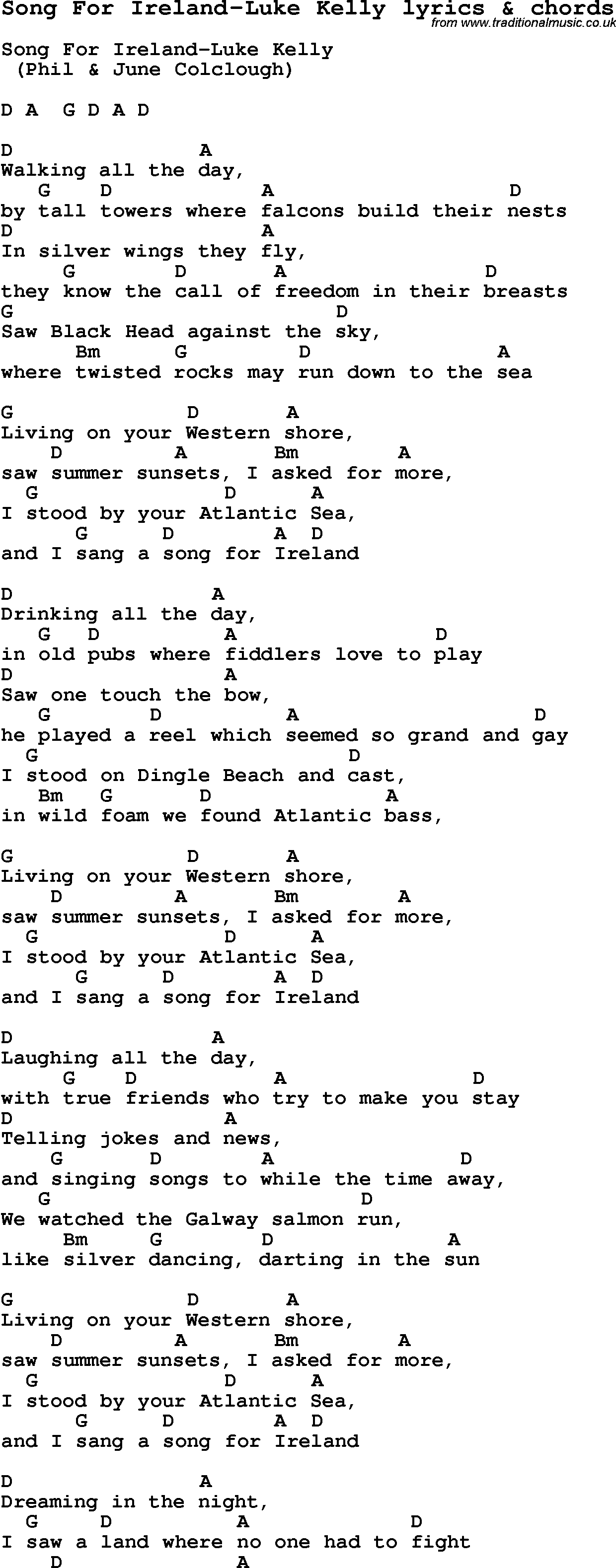 Love Song Lyrics for: For Ireland-Luke Kelly with chords for Ukulele, Guitar Banjo etc.