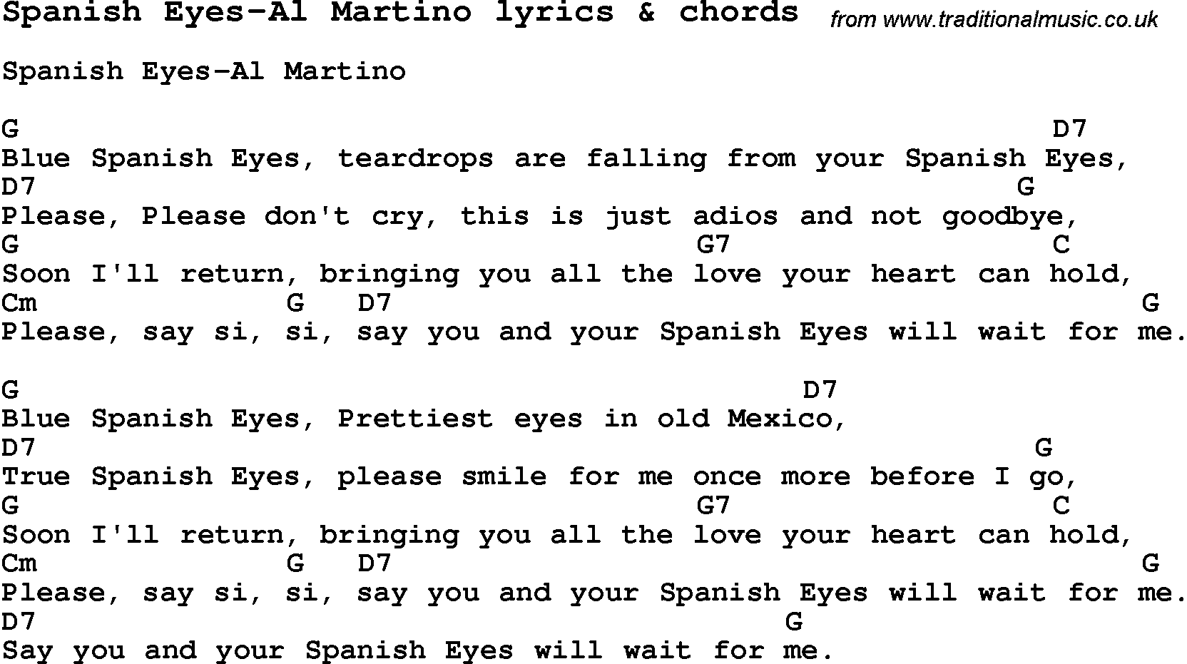 Love Song Lyrics for: Spanish Eyes-Al Martino with chords for Ukulele, Guitar Banjo etc.