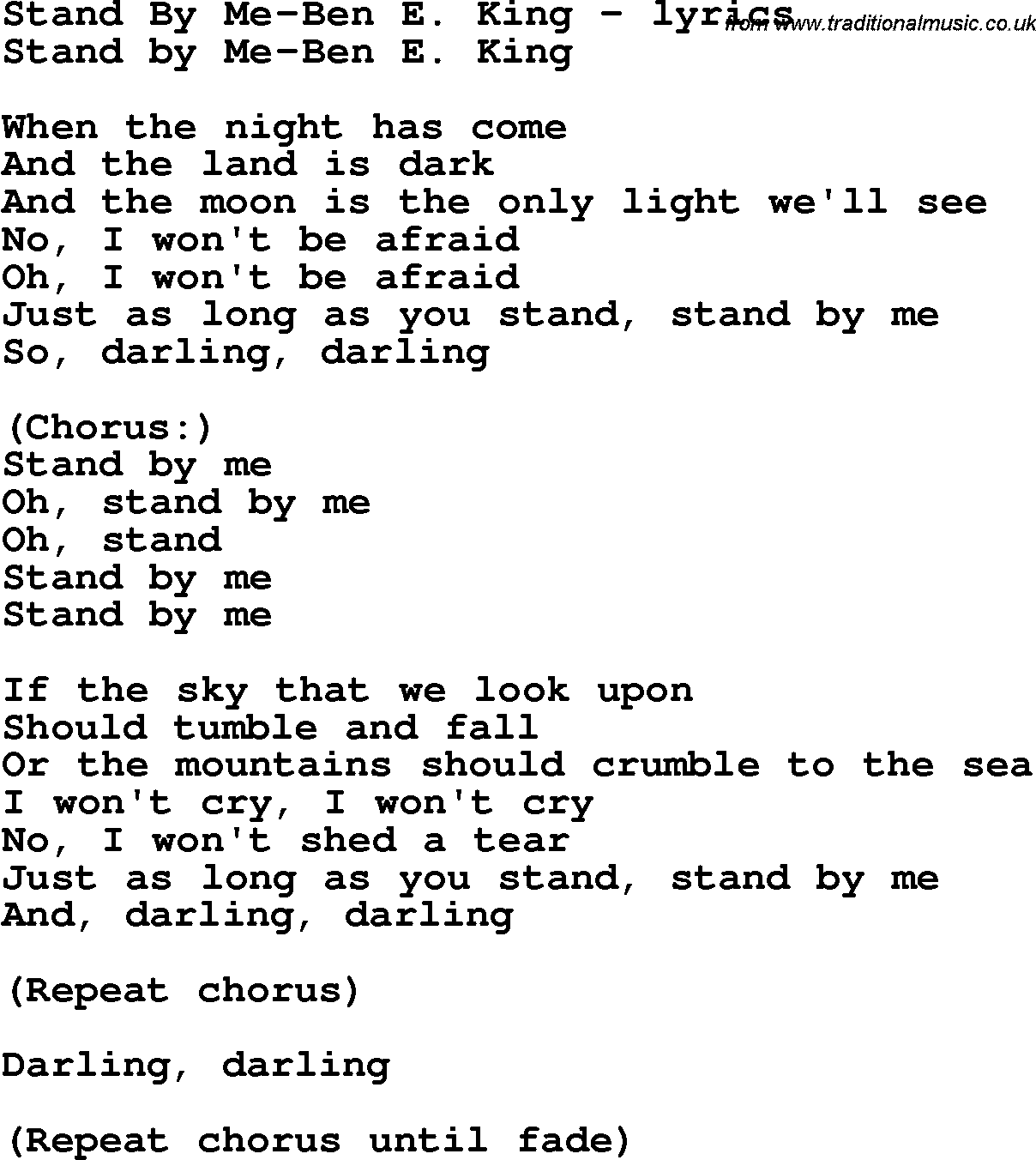Lyrics for Stand By Me by Ben E. King - Songfacts