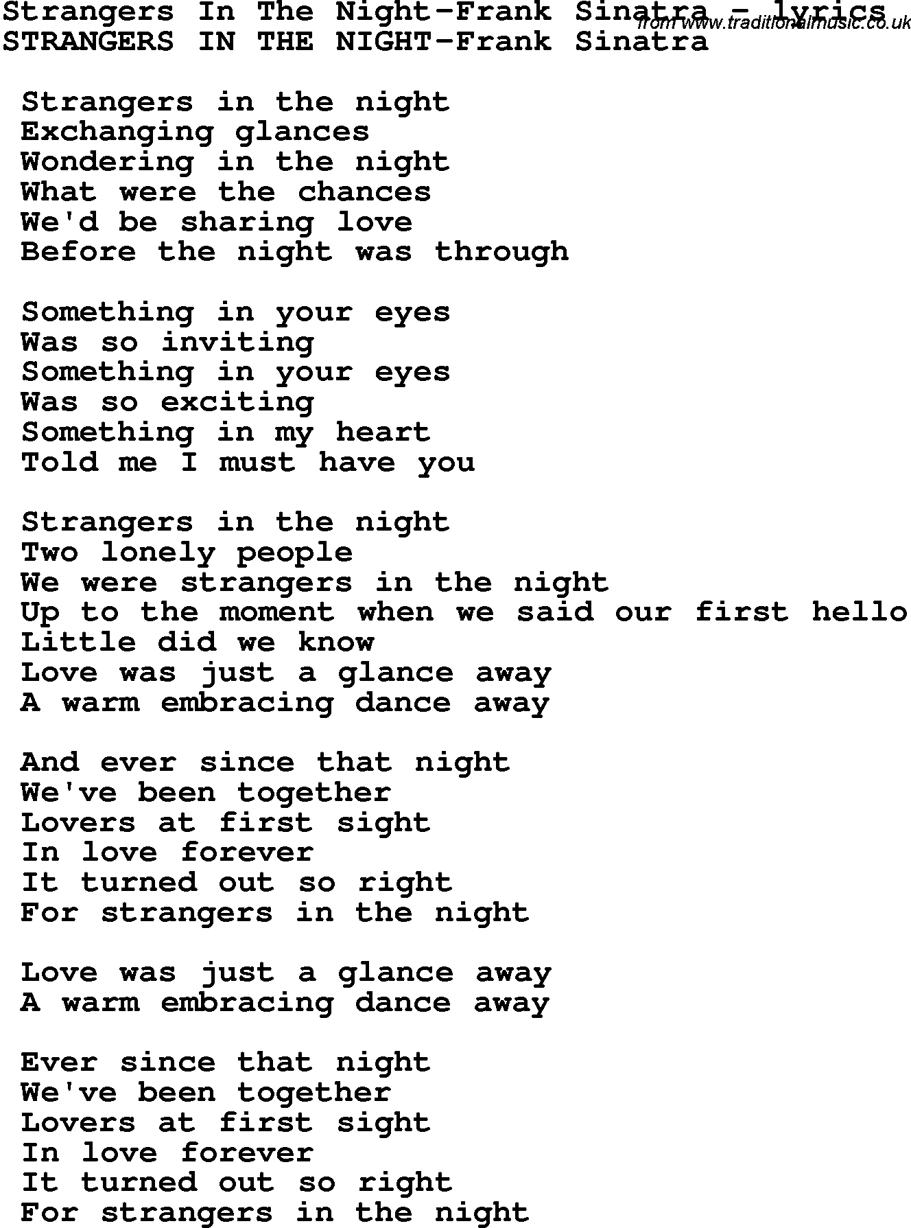 Love Song Lyrics for: Strangers In The Night-Frank Sinatra