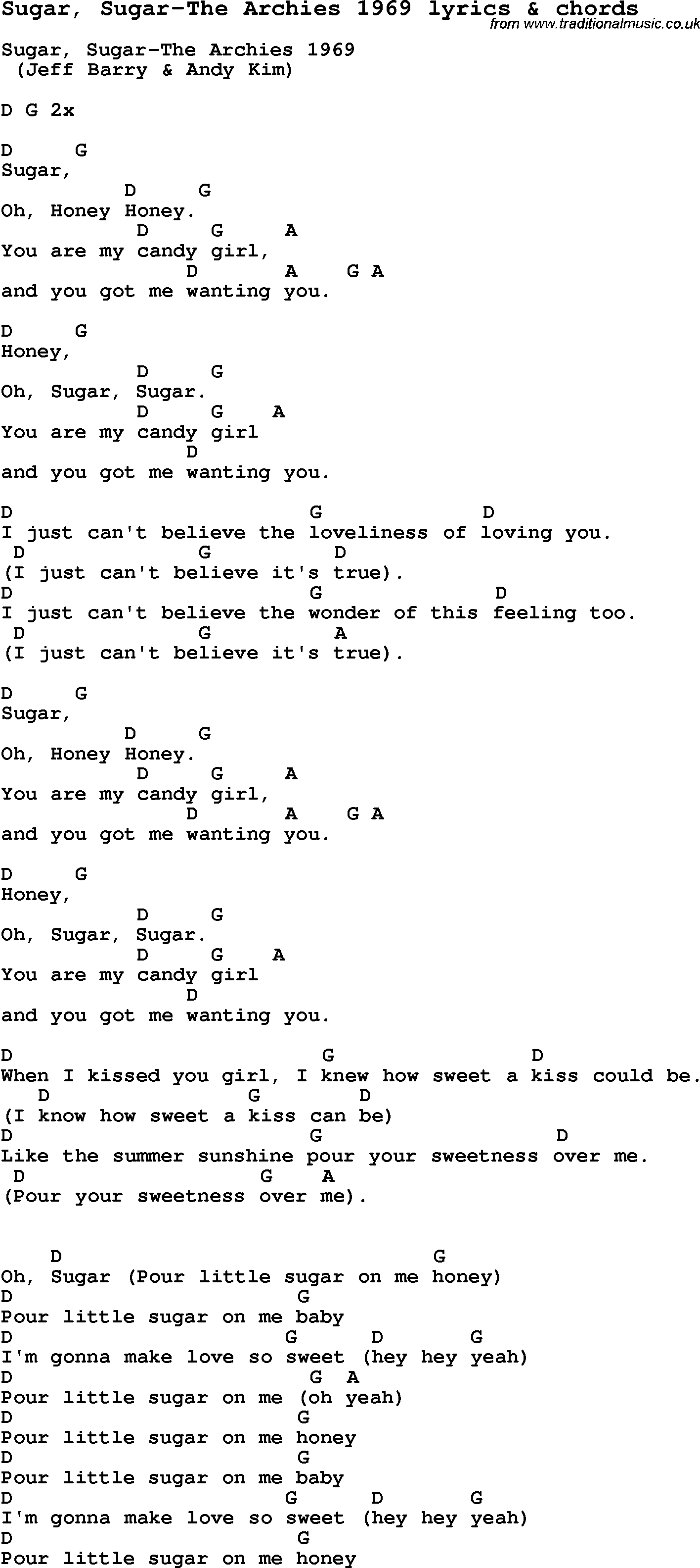 Love Song Lyrics for: Sugar, Sugar-The Archies 1969 with chords for Ukulele, Guitar Banjo etc.