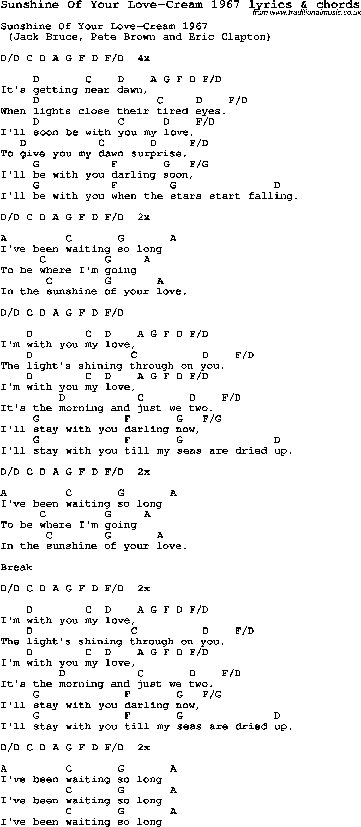 Love Song Lyrics for: Sunshine Of Your Love-Cream 1967 with chords for Ukulele, Guitar Banjo etc.