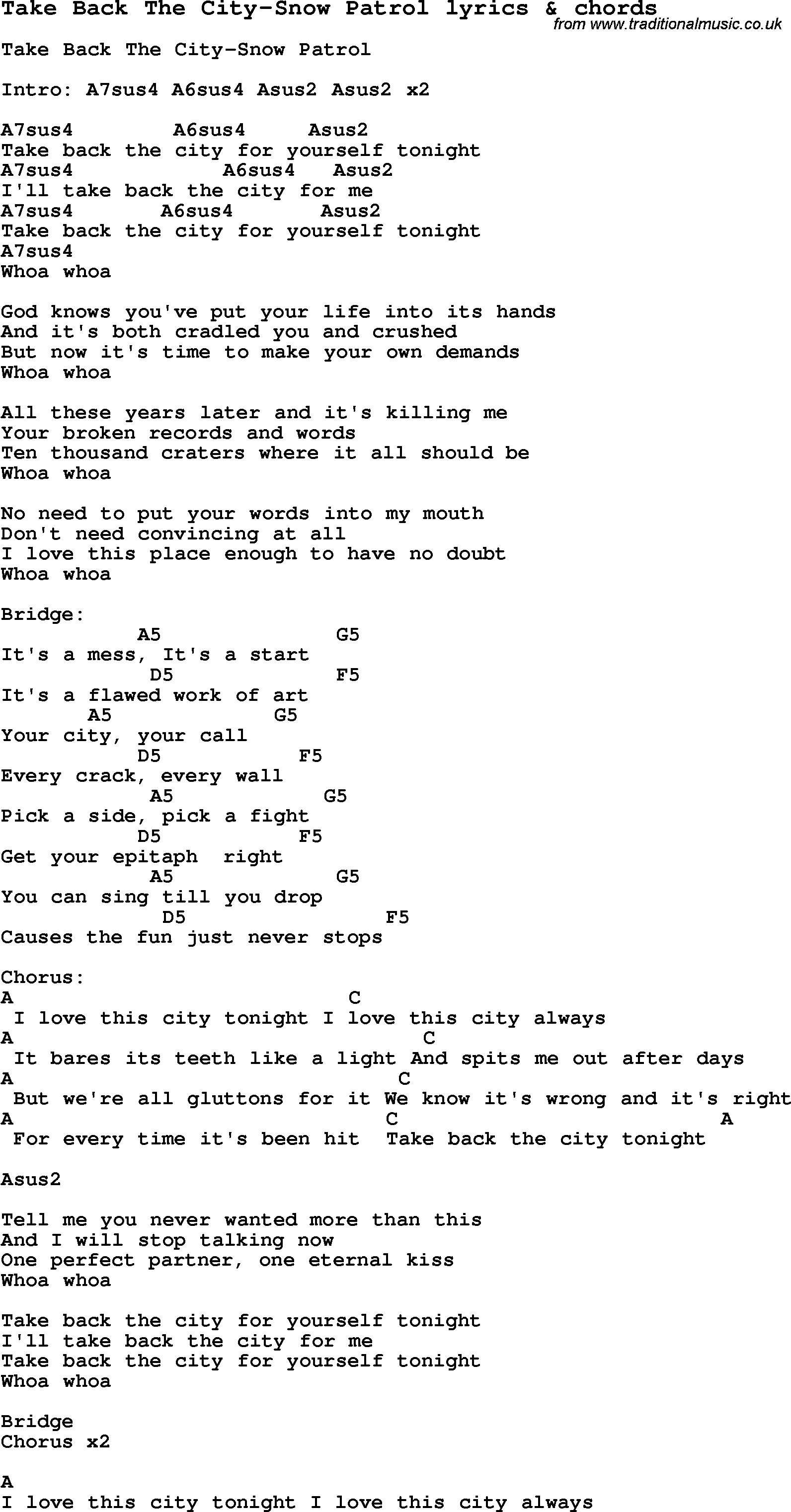 Love Song Lyrics for: Take Back The City-Snow Patrol with chords for Ukulele, Guitar Banjo etc.