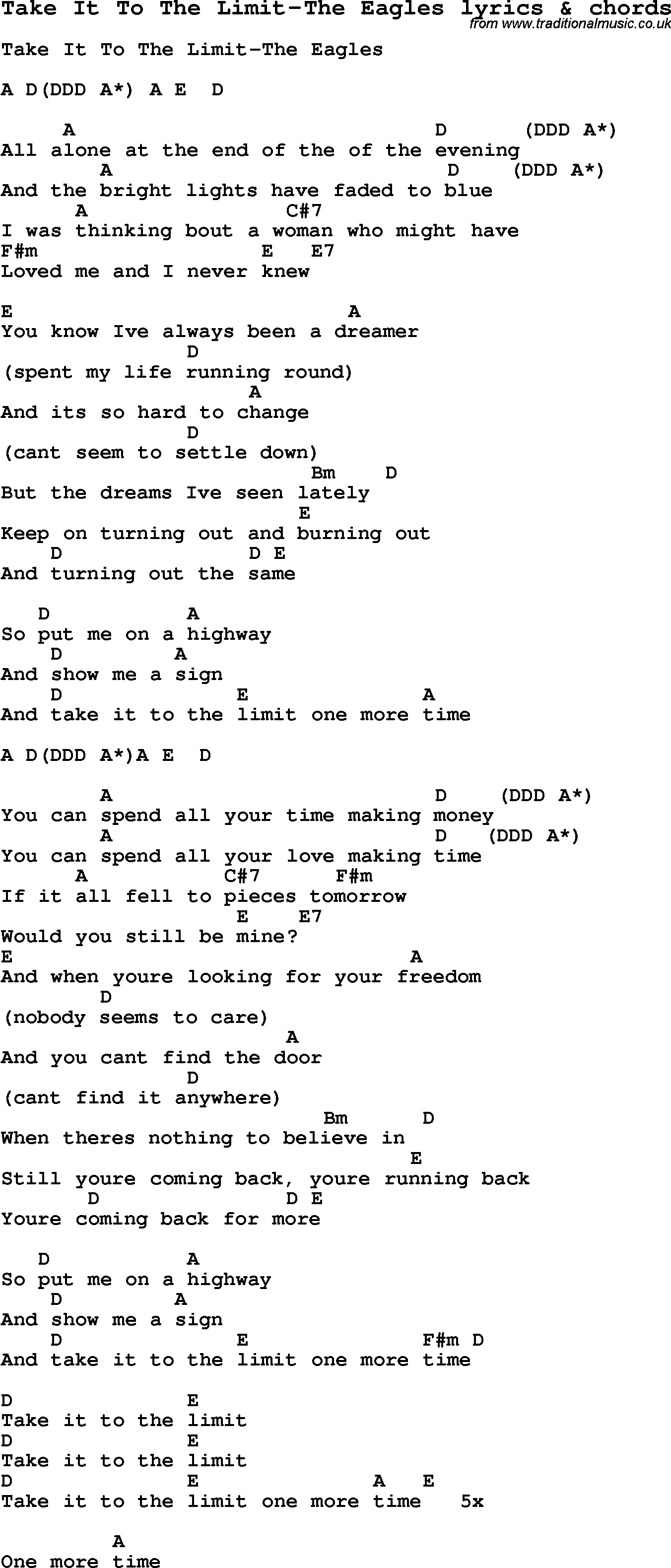 Love Song Lyrics for: Take It To The Limit-The Eagles with chords for Ukulele, Guitar Banjo etc.