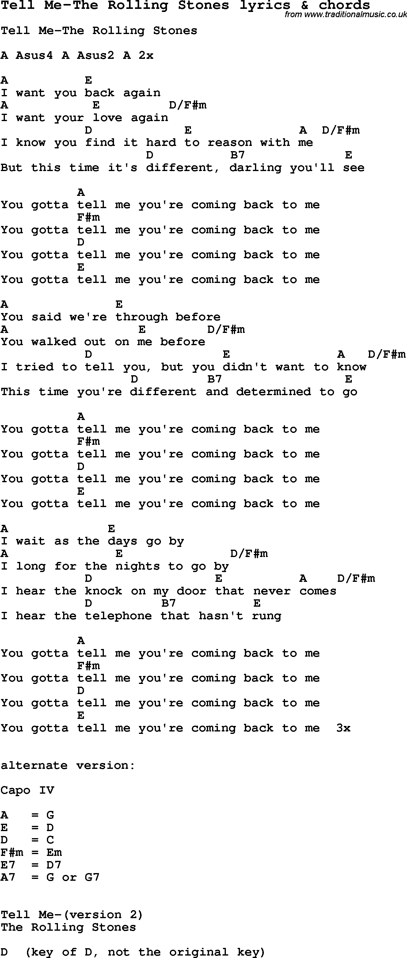 Love Song Lyrics for: Tell Me-The Rolling Stones with chords for Ukulele, Guitar Banjo etc.