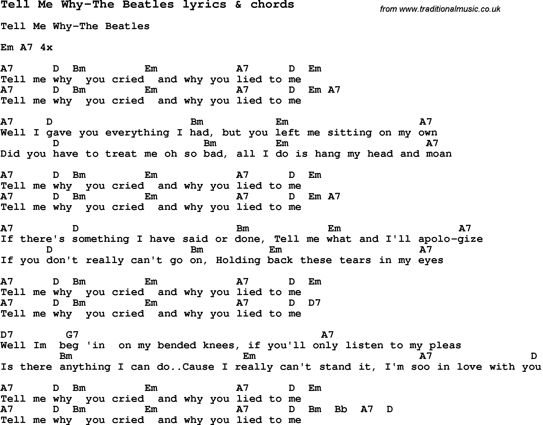 Love Song Lyrics for: Tell Me Why-The Beatles with chords for Ukulele, Guitar Banjo etc.