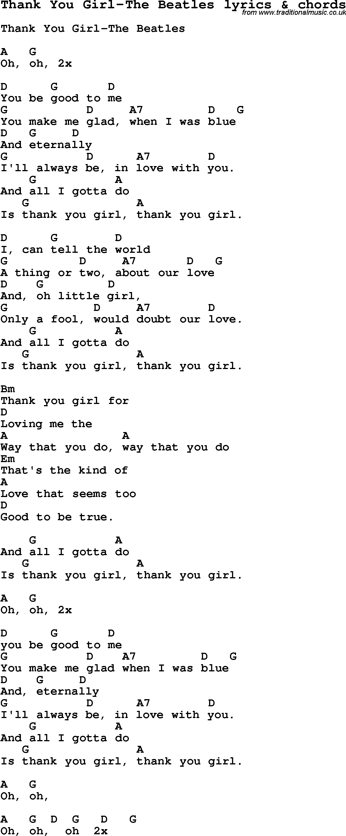 Love Song Lyrics for: Thank You Girl-The Beatles with chords for Ukulele, Guitar Banjo etc.