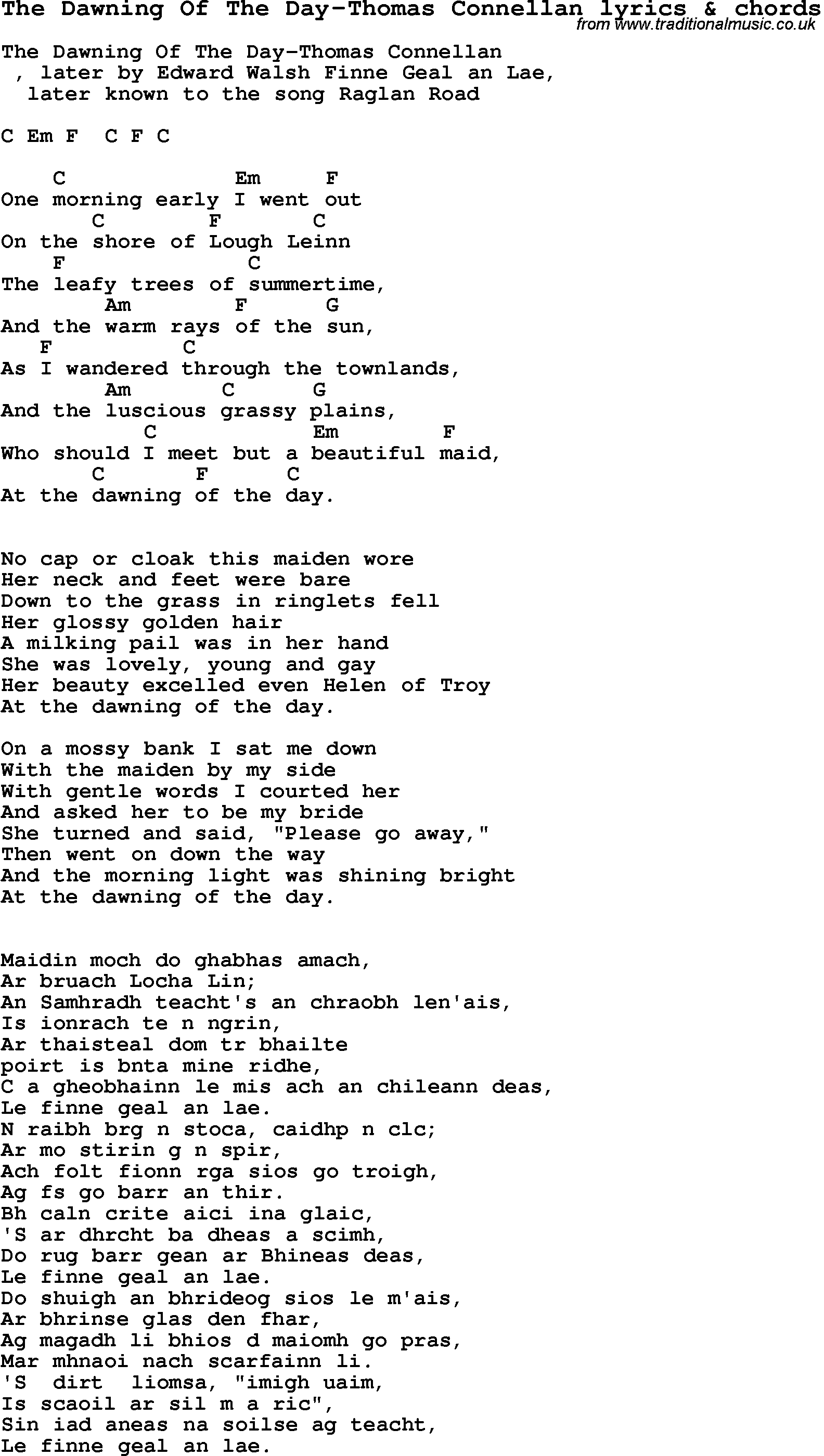 Love Song Lyrics for: The Dawning Of The Day-Thomas Connellan with chords for Ukulele, Guitar Banjo etc.