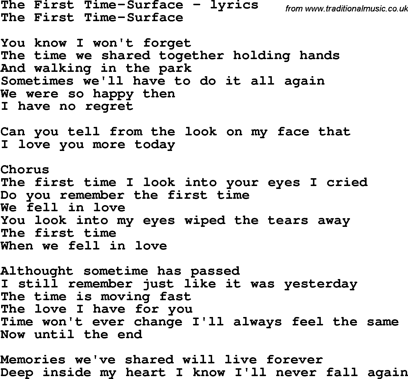 Love Song Lyrics for: The First Time-Surface