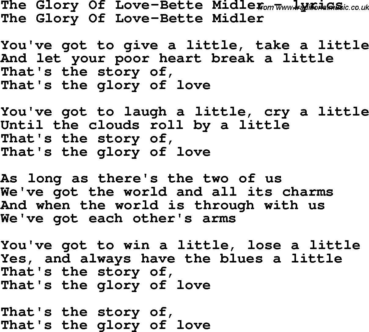 Love Song Lyrics for: The Glory Of Love-Bette Midler
