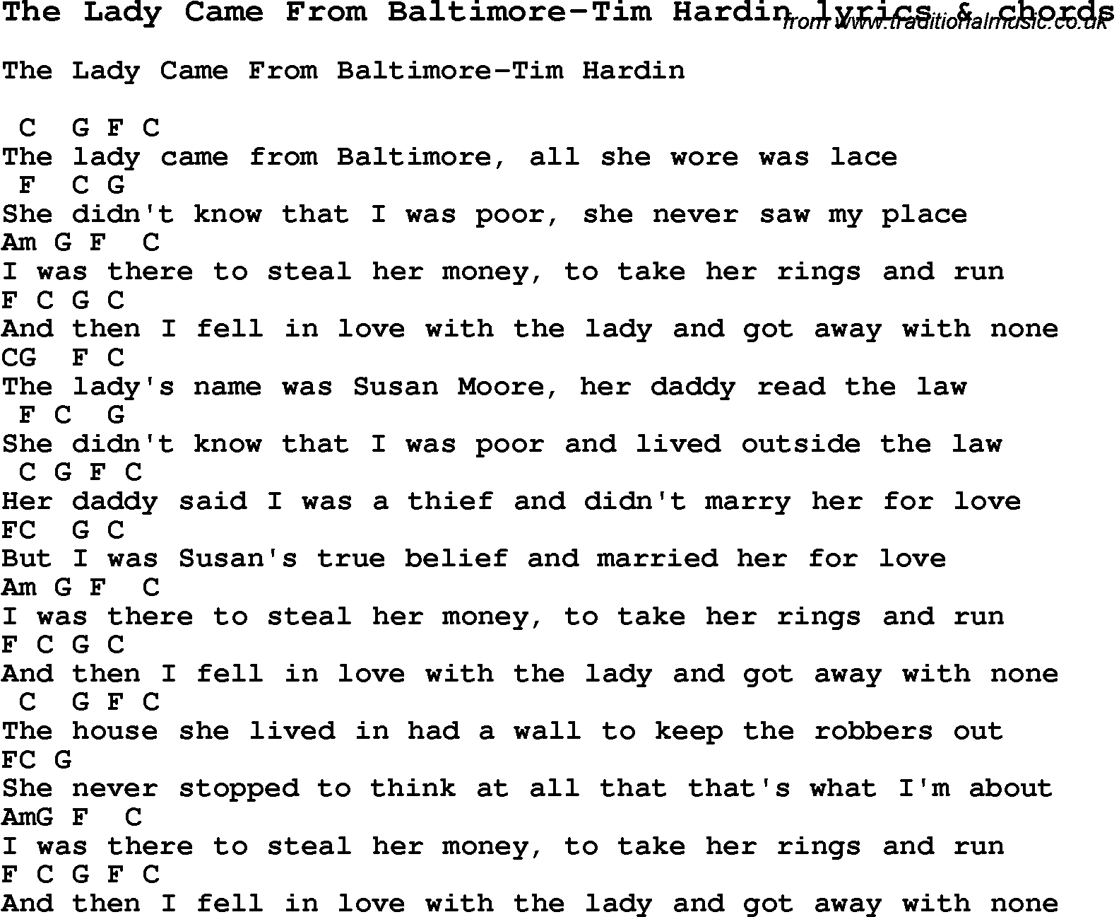 Love Song Lyrics for: The Lady Came From Baltimore-Tim Hardin with chords for Ukulele, Guitar Banjo etc.