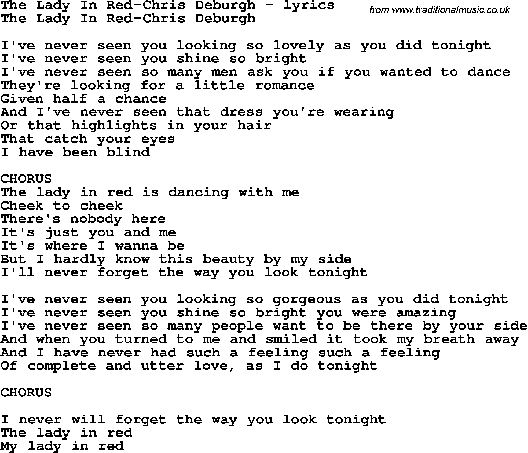Love Song Lyrics for: The Lady In Red-Chris Deburgh