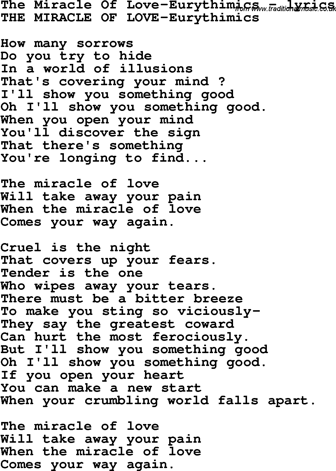 Love Song Lyrics for: The Miracle Of Love-Eurythimics