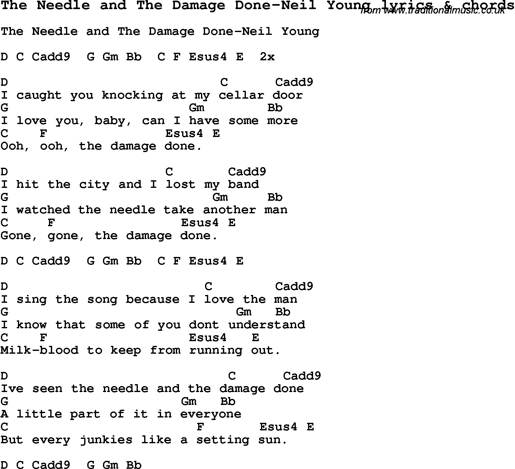 Love Song Lyrics for: The Needle and The Damage Done-Neil Young with chords for Ukulele, Guitar Banjo etc.
