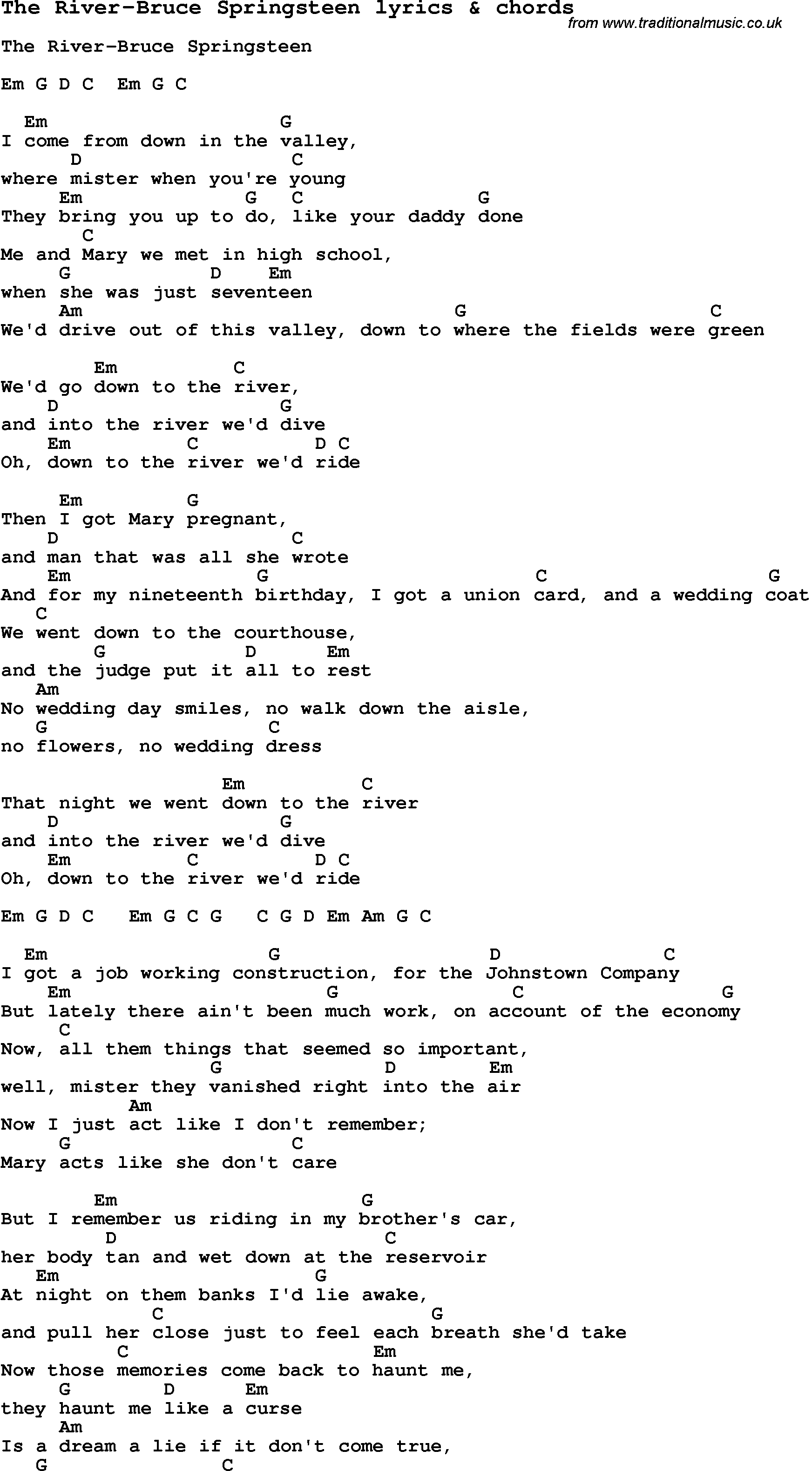 Love Song Lyrics for: The River-Bruce Springsteen with chords for Ukulele, Guitar Banjo etc.