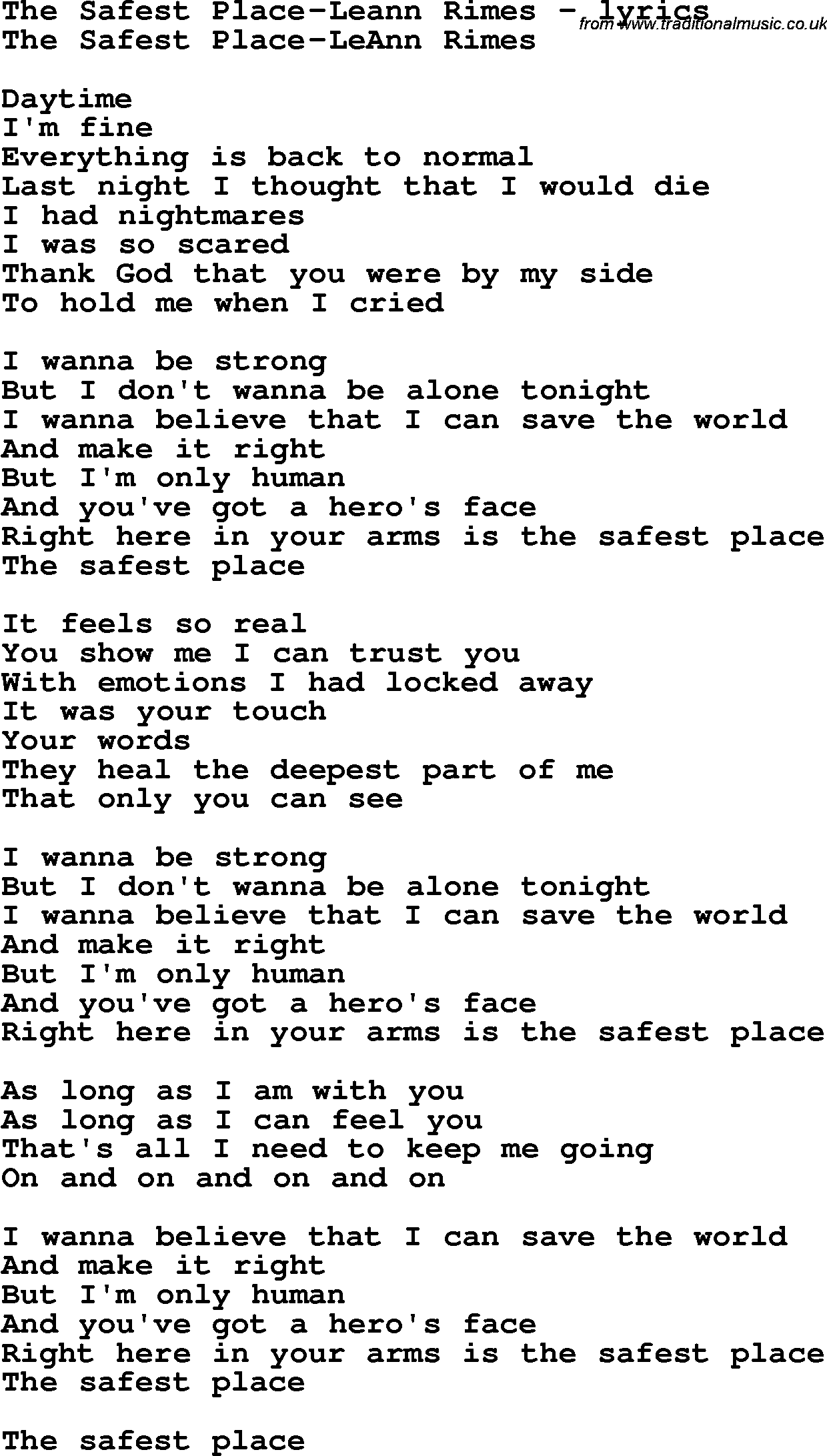 Love Song Lyrics for: The Safest Place-Leann Rimes