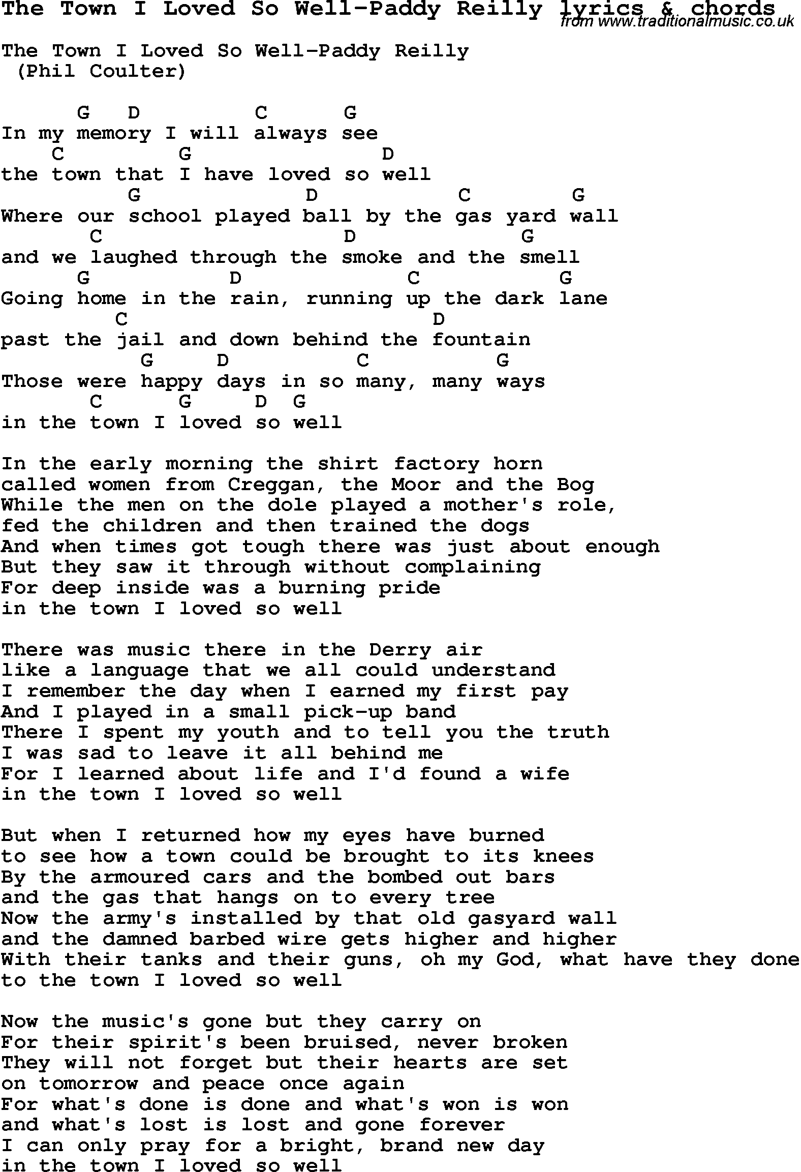 Love Song Lyrics for: The Town I Loved So Well-Paddy Reilly with chords for Ukulele, Guitar Banjo etc.