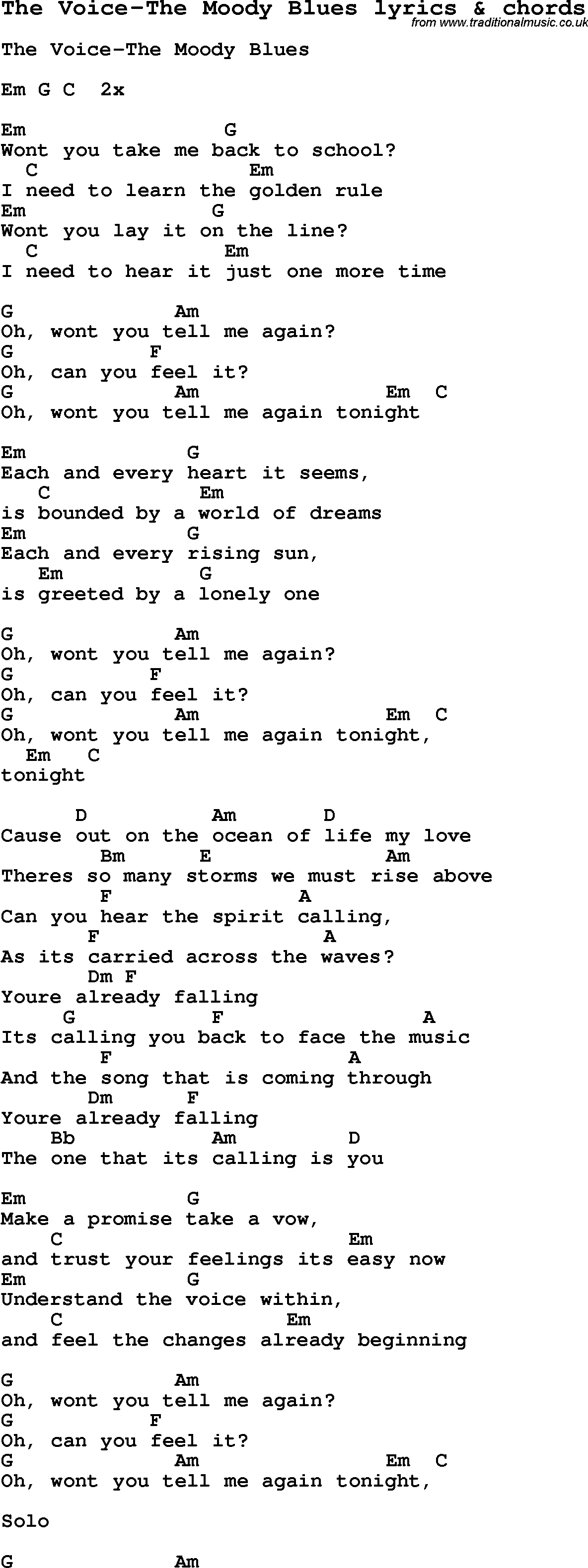 Love Song Lyrics for: The Voice-The Moody Blues with chords for Ukulele, Guitar Banjo etc.