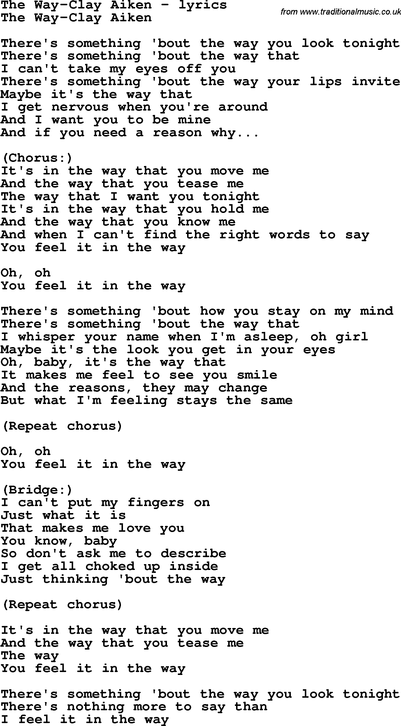 Love Song Lyrics for: The Way-Clay Aiken