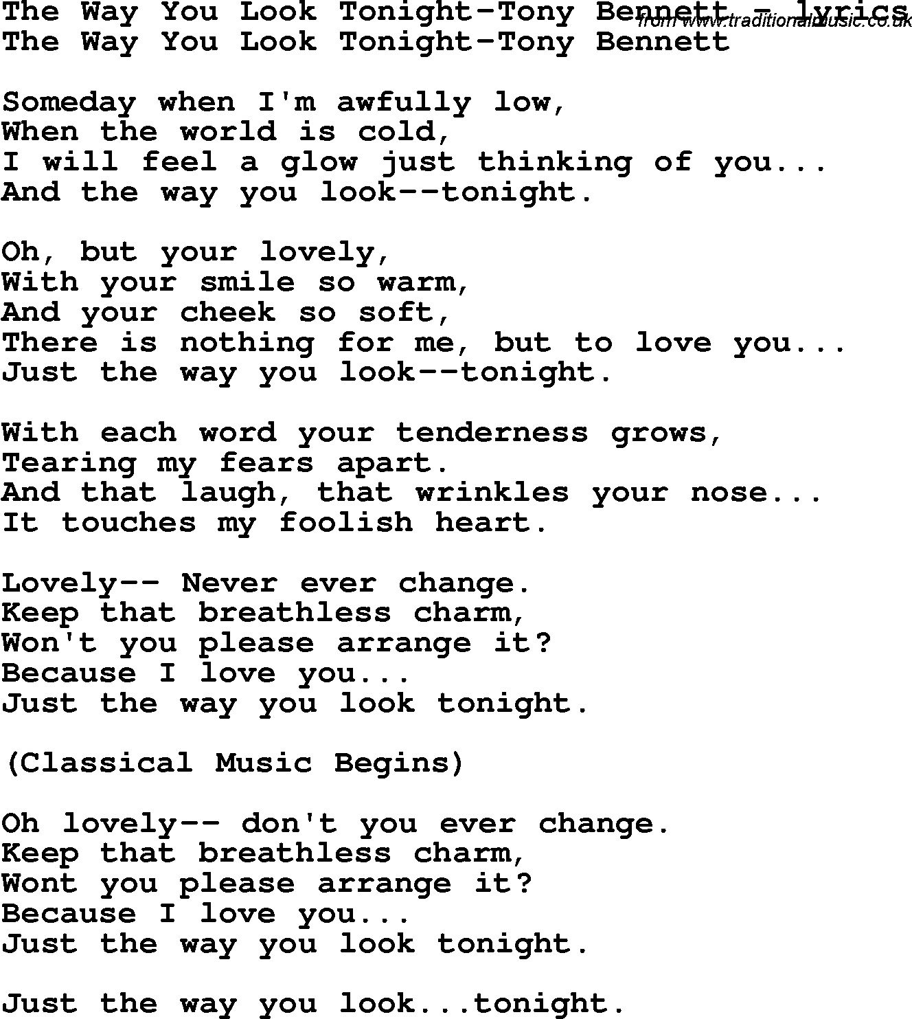 Love Song Lyrics for: The Way You Look Tonight-Tony Bennett