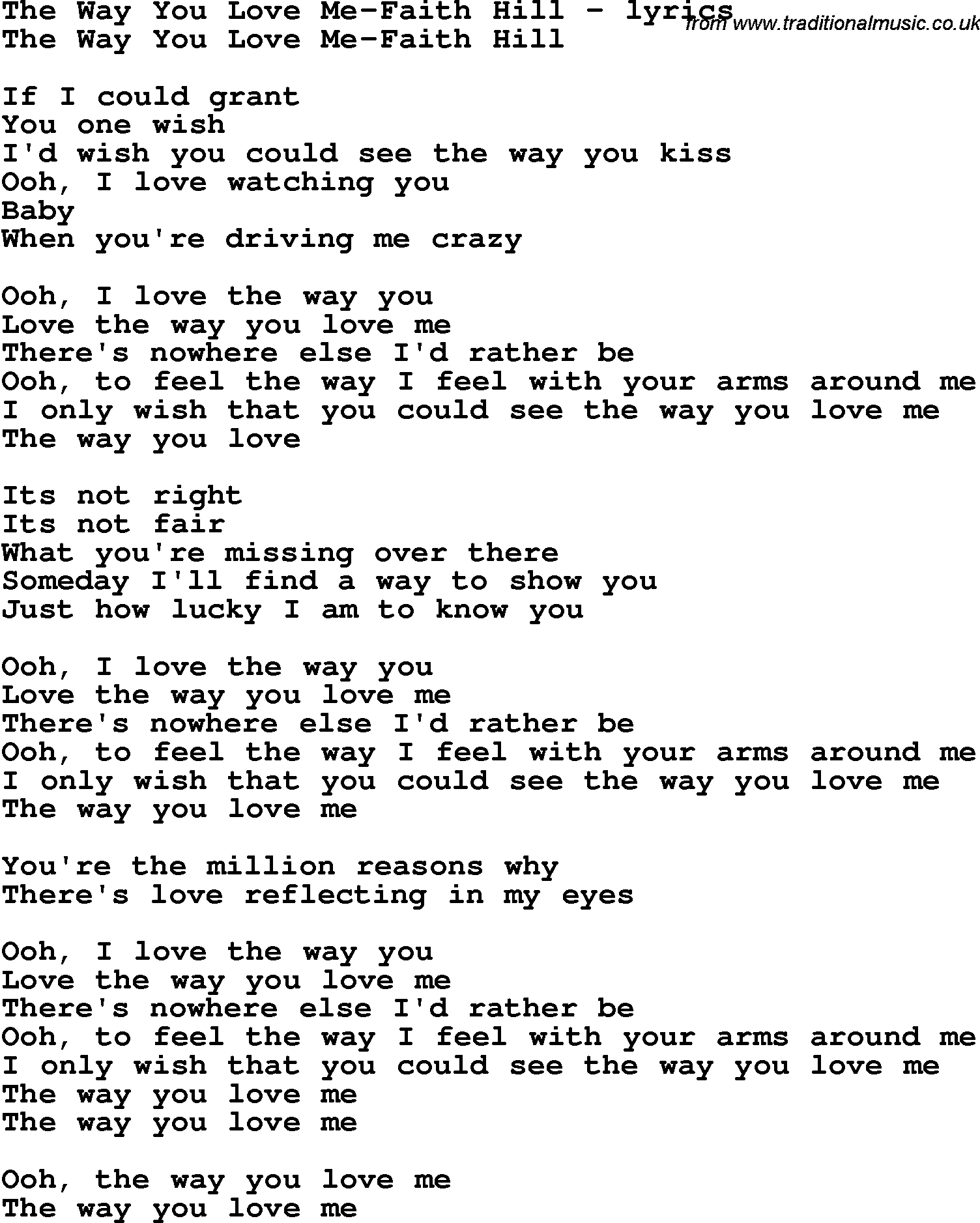Love Song Lyrics for: The Way You Love Me-Faith Hill