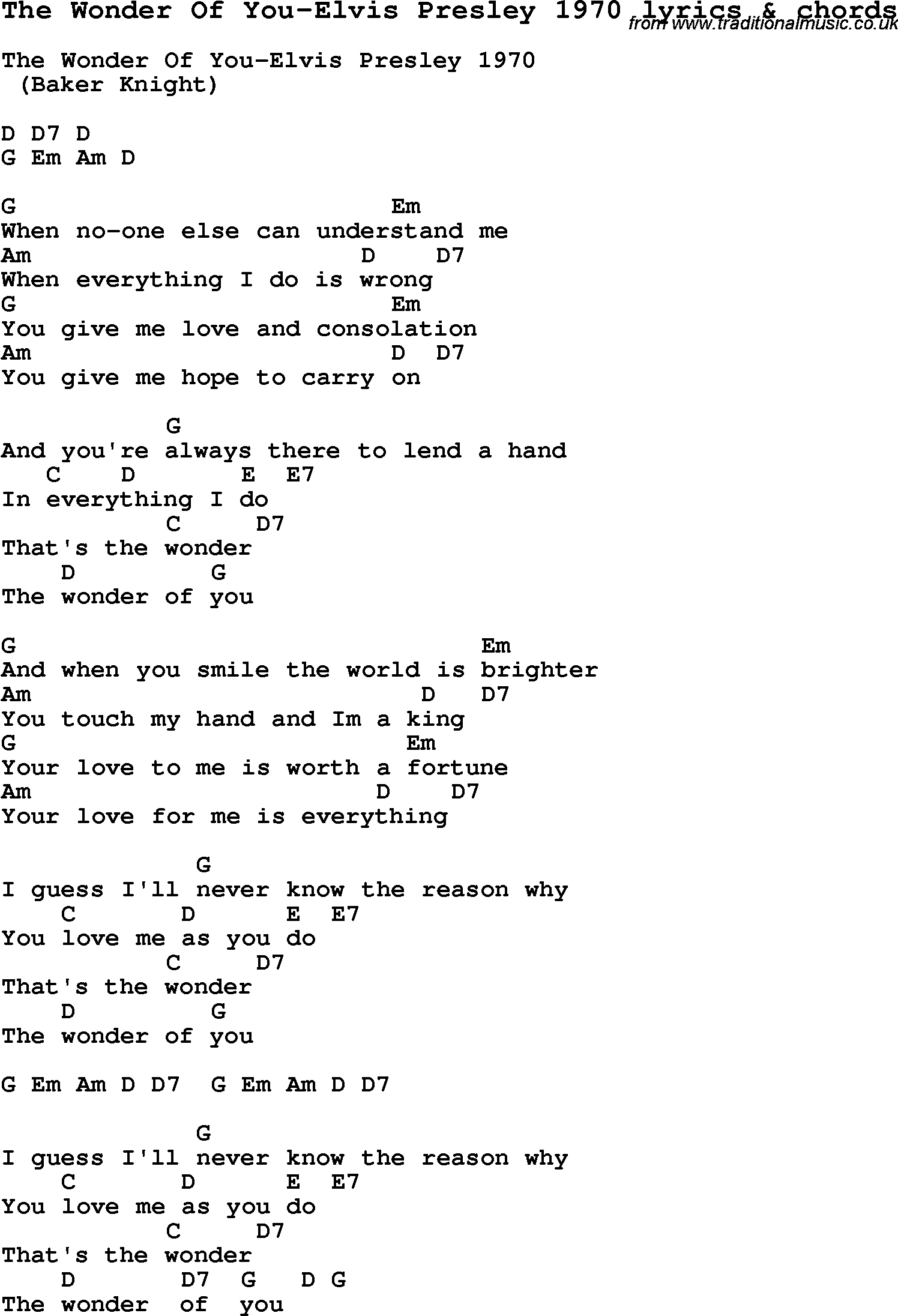 Love Song Lyrics for: The Wonder Of You-Elvis Presley 1970 with chords for Ukulele, Guitar Banjo etc.