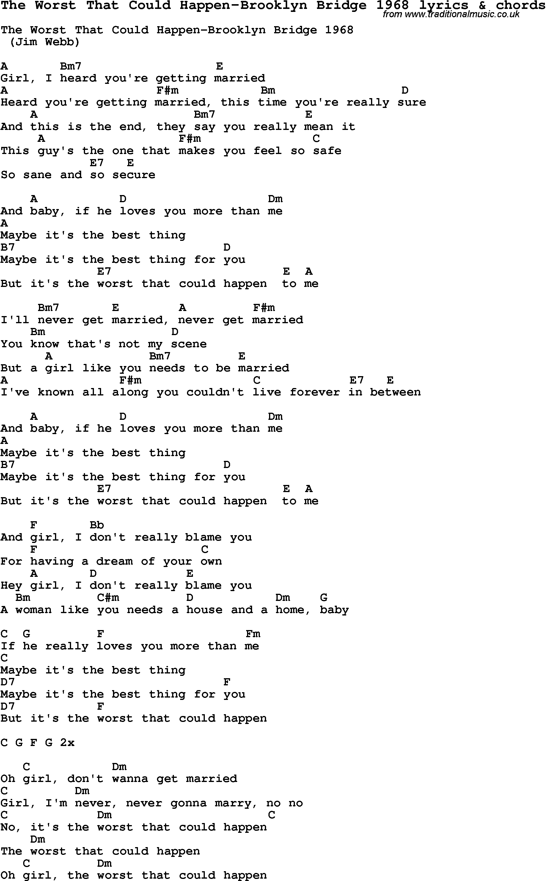 Love Song Lyrics for: The Worst That Could Happen-Brooklyn Bridge 1968 with chords for Ukulele, Guitar Banjo etc.