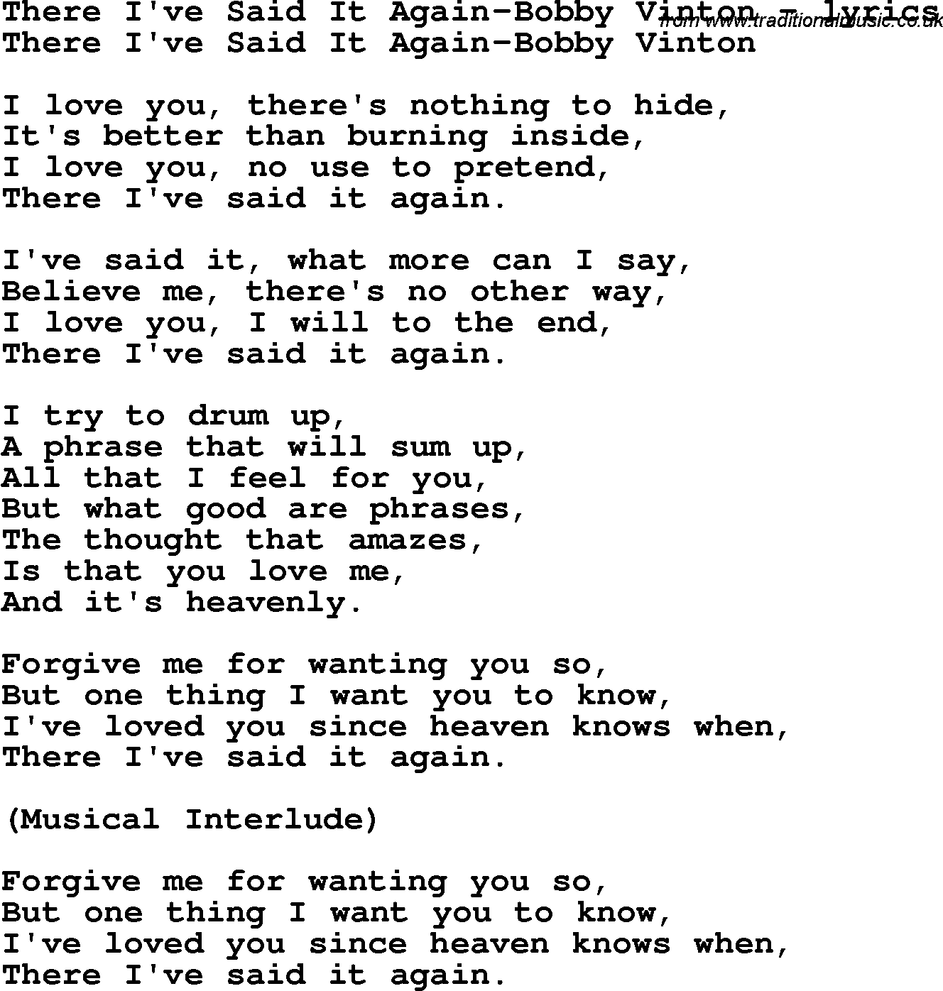 Love Song Lyrics for: There I've Said It Again-Bobby Vinton