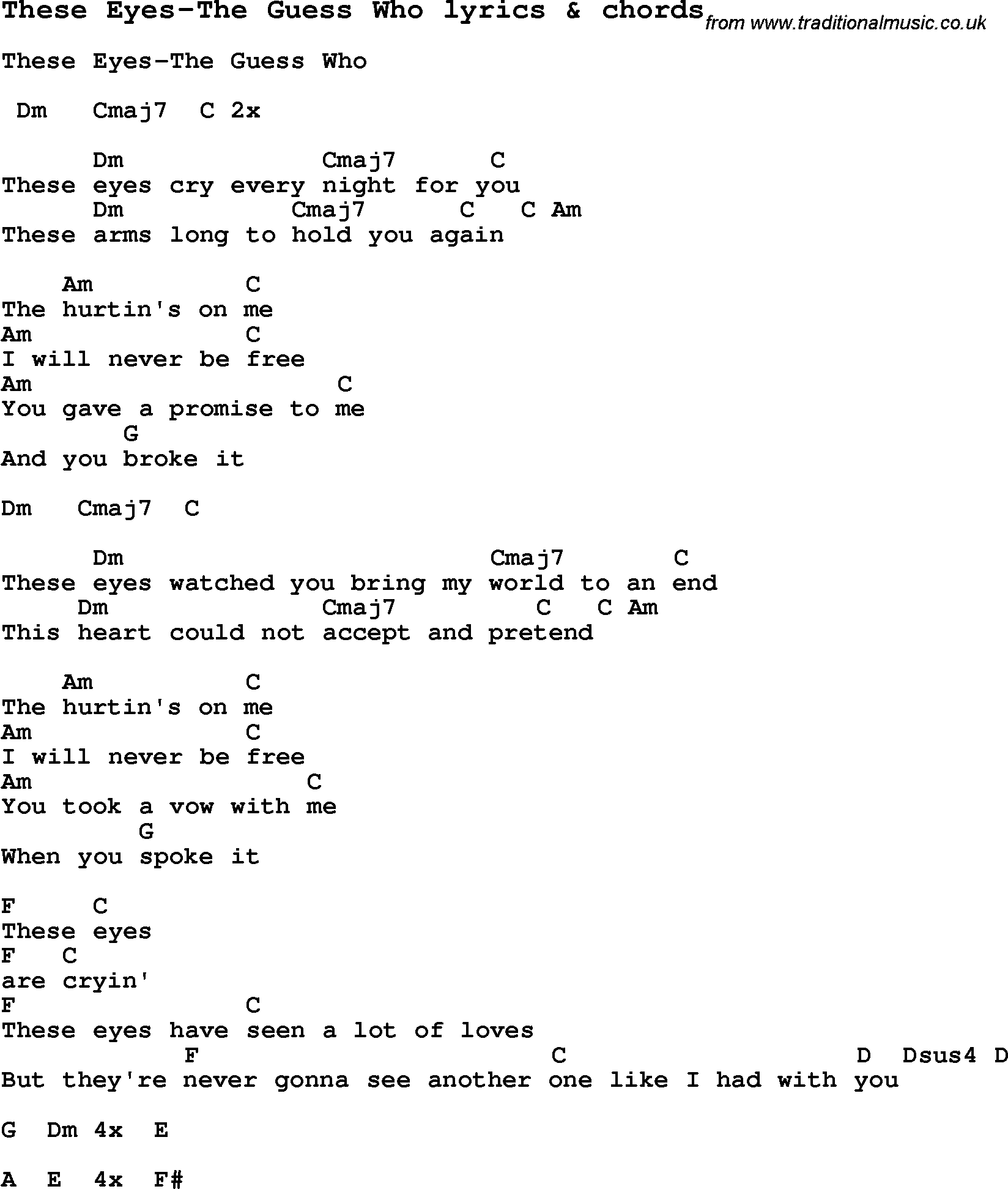 Love Song Lyrics for: These Eyes-The Guess Who with chords for Ukulele, Guitar Banjo etc.