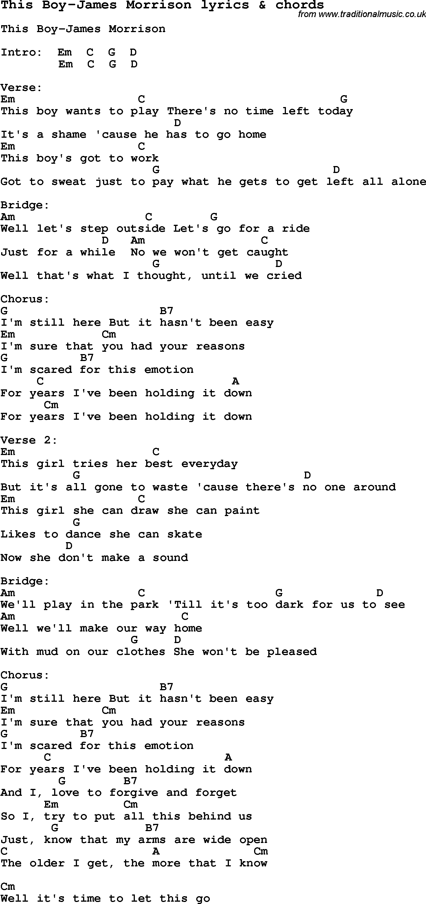 Love Song Lyrics for: This Boy-James Morrison with chords for Ukulele, Guitar Banjo etc.