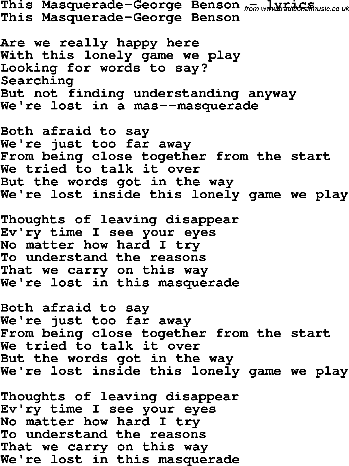 Love Song Lyrics for: This Masquerade-George Benson