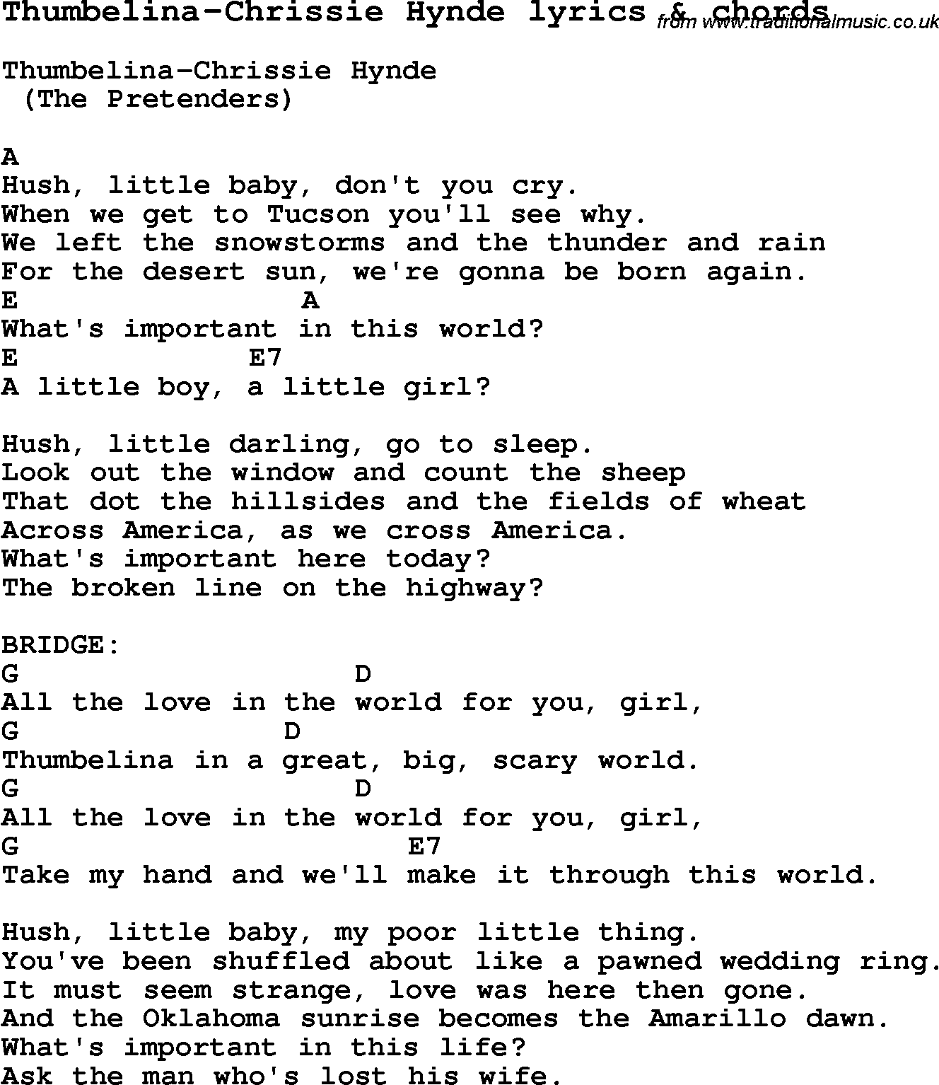 Love Song Lyrics for: Thumbelina-Chrissie Hynde with chords for Ukulele, Guitar Banjo etc.