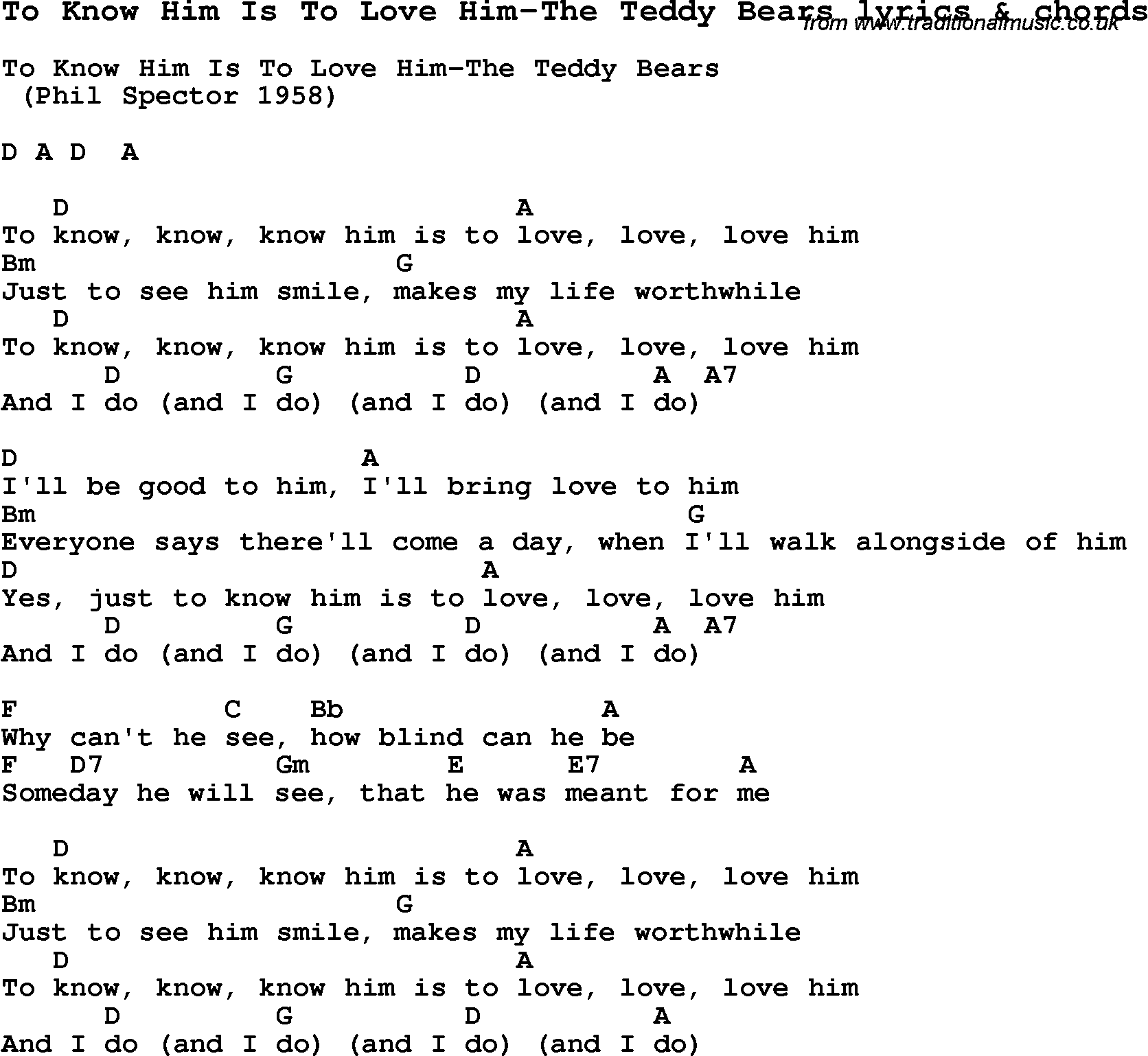 Love Song Lyrics for: To Know Him Is To Love Him-The Teddy Bears with chords for Ukulele, Guitar Banjo etc.