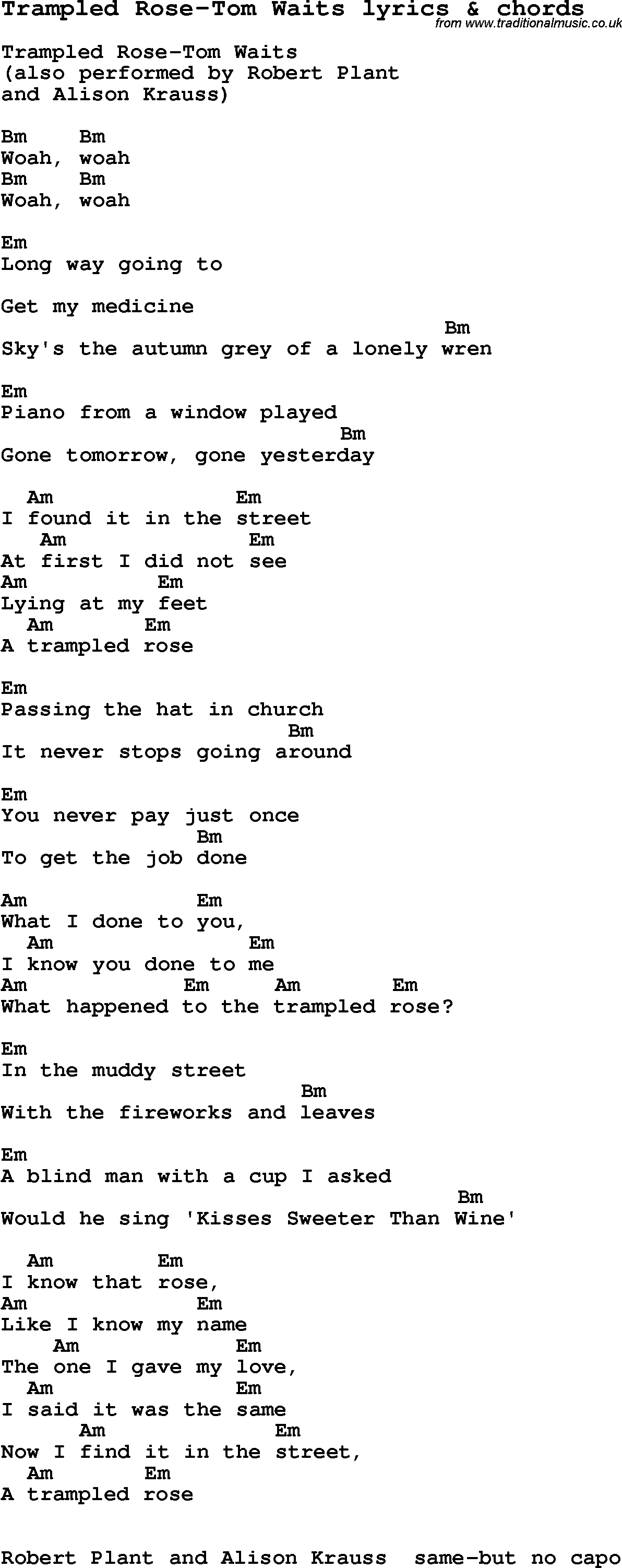 Love Song Lyrics for: Trampled Rose-Tom Waits with chords for Ukulele, Guitar Banjo etc.