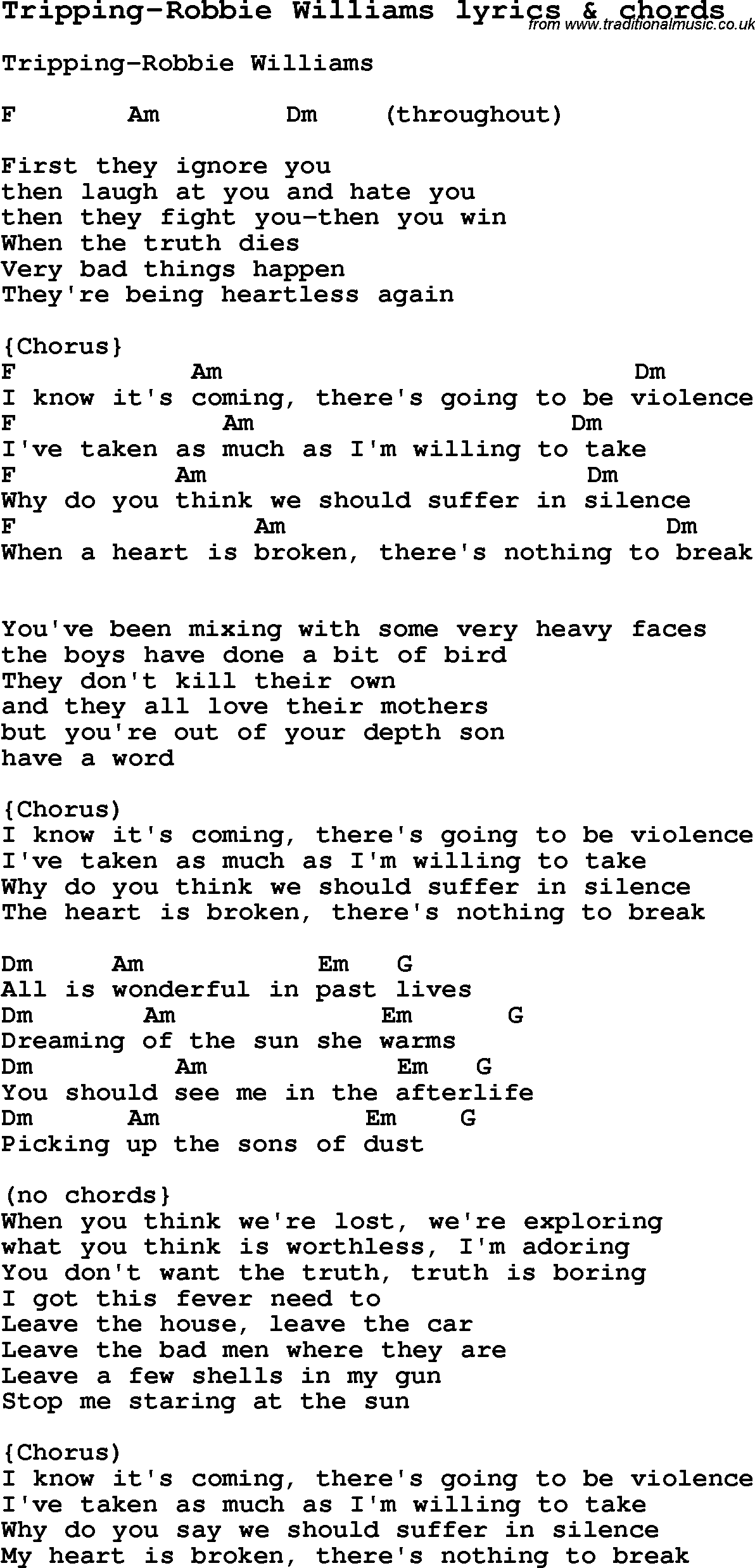 Love Song Lyrics for: Tripping-Robbie Williams with chords for Ukulele, Guitar Banjo etc.