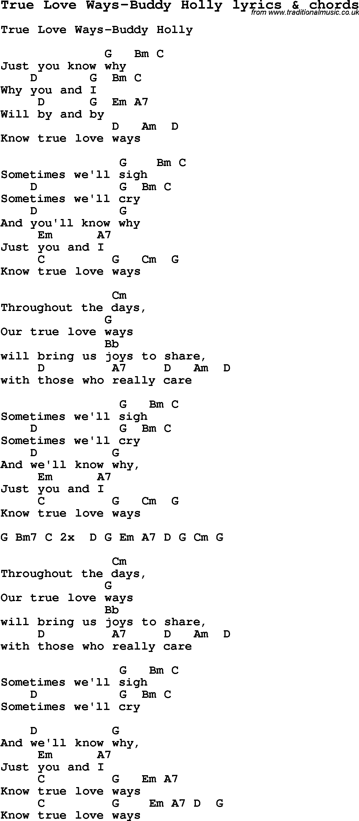Love Song Lyrics for: True Love Ways-Buddy Holly with chords for Ukulele, Guitar Banjo etc.