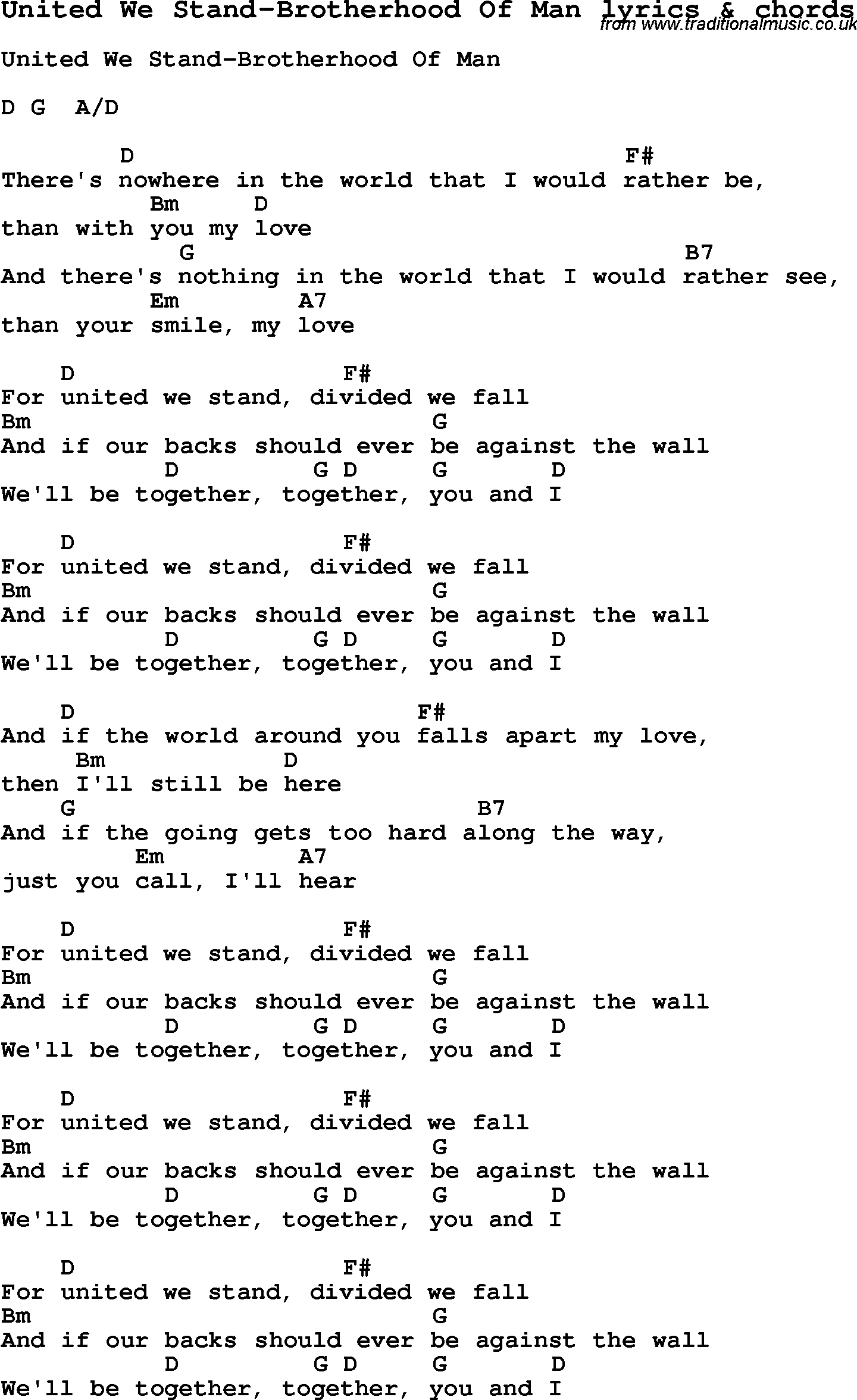 Love Song Lyrics for: United We Stand-Brotherhood Of Man with chords for Ukulele, Guitar Banjo etc.