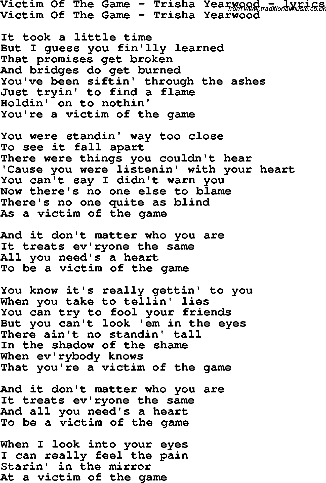 Love Song Lyrics for: Victim Of The Game - Trisha Yearwood