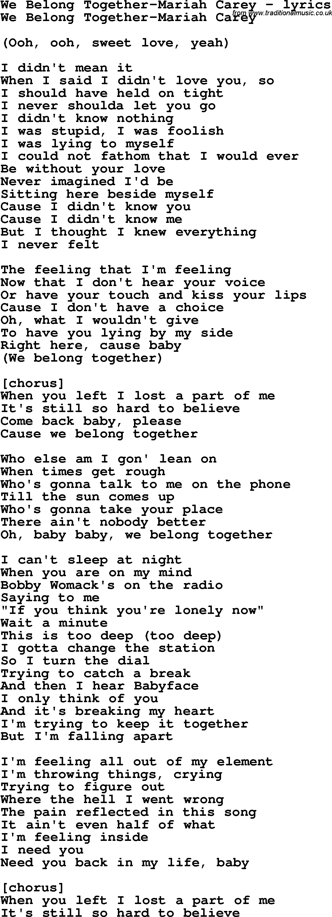 Love Song Lyrics for: We Belong Together-Mariah Carey