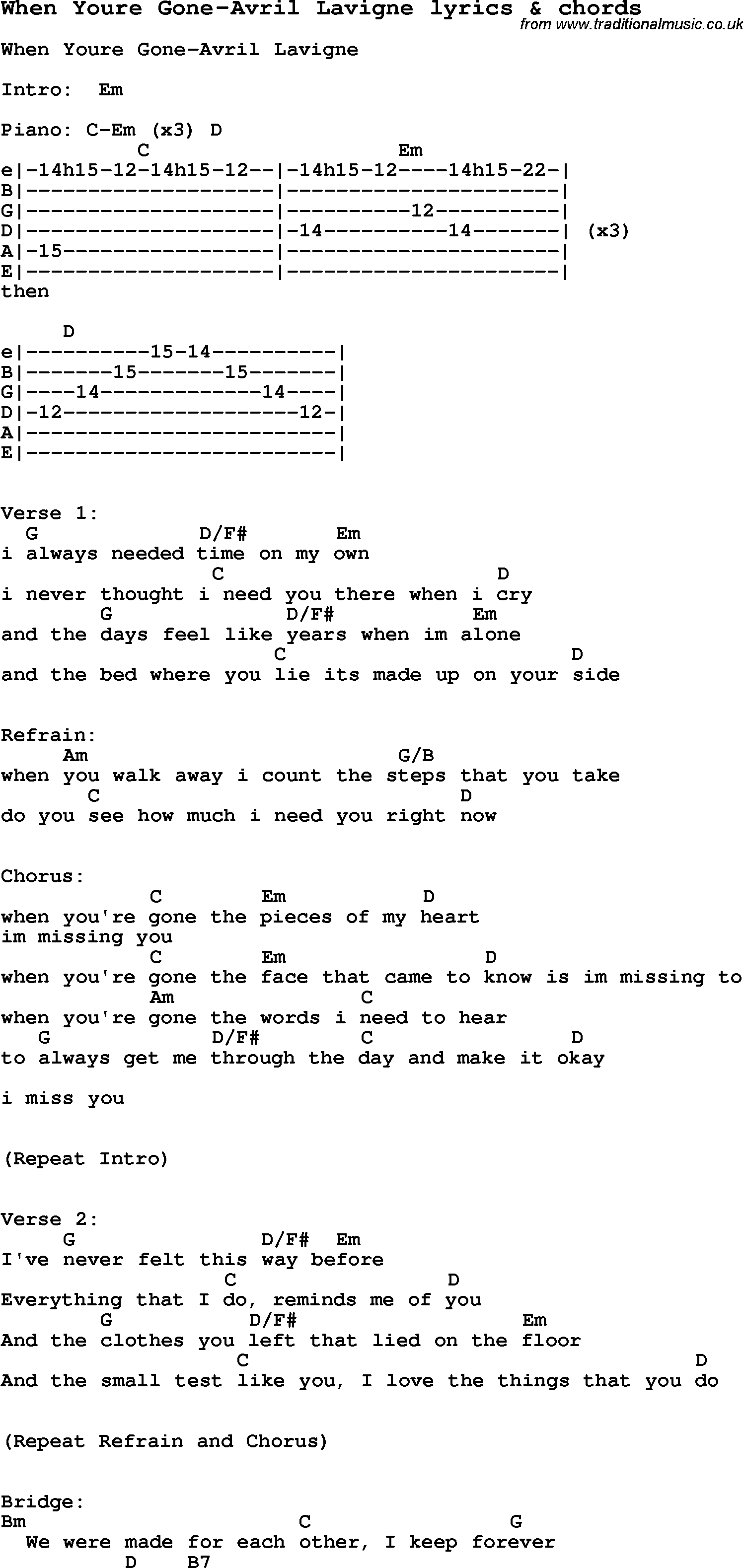 Love Song Lyrics for: When Youre Gone-Avril Lavigne with chords for Ukulele, Guitar Banjo etc.