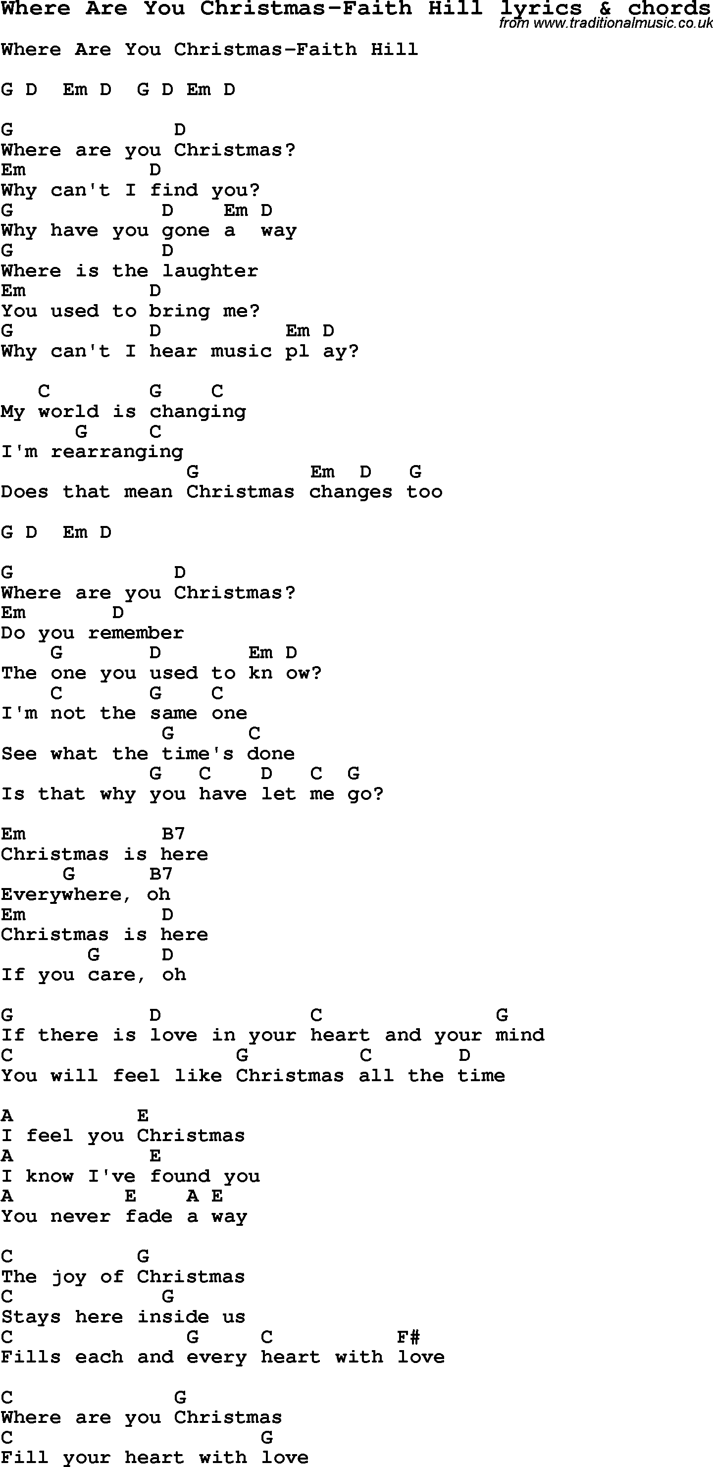 Love Song Lyrics for: Where Are You Christmas-Faith Hill with chords for Ukulele, Guitar Banjo etc.