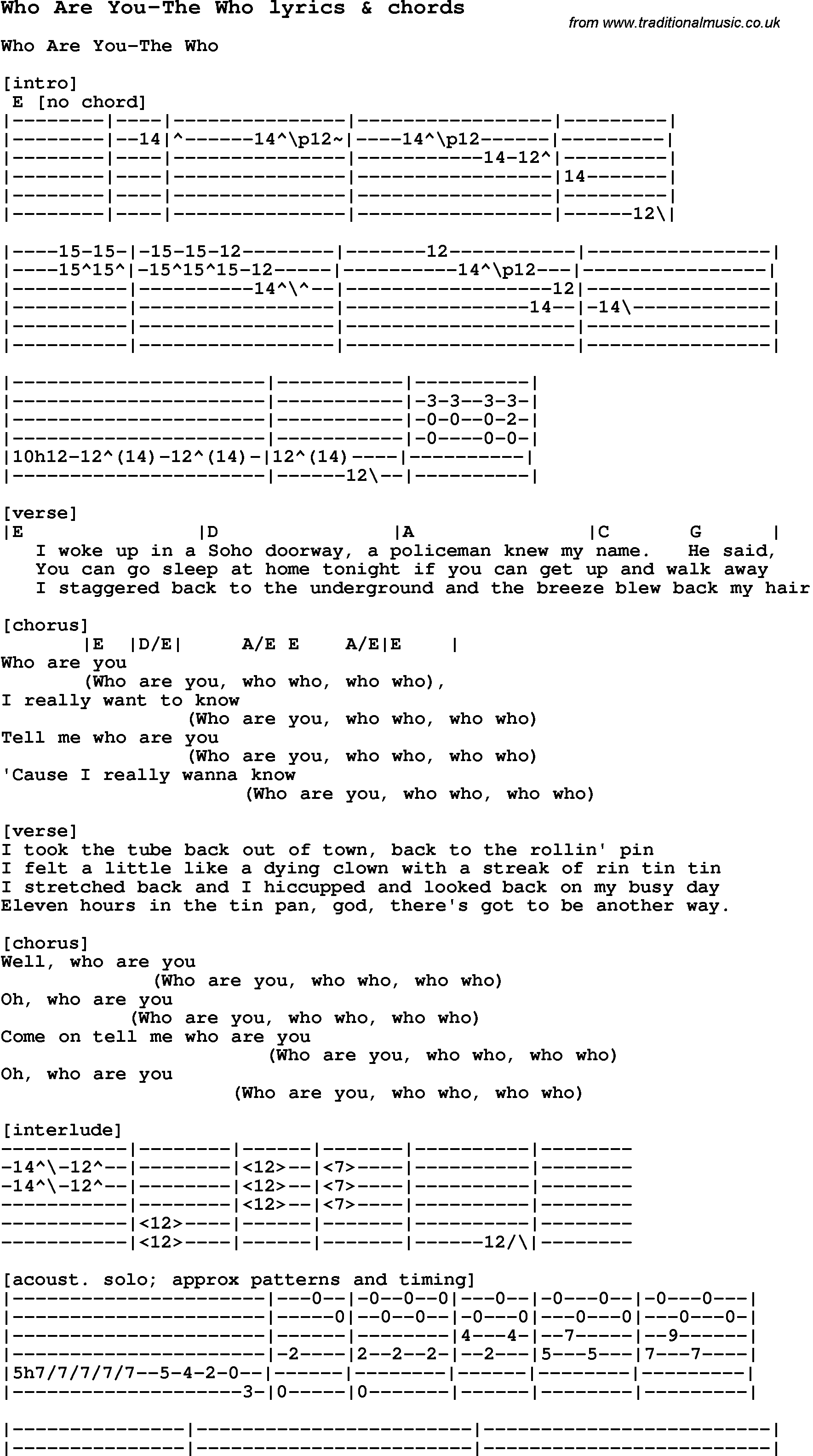 Love Song Lyrics for: Who Are You-The Who with chords for Ukulele, Guitar Banjo etc.