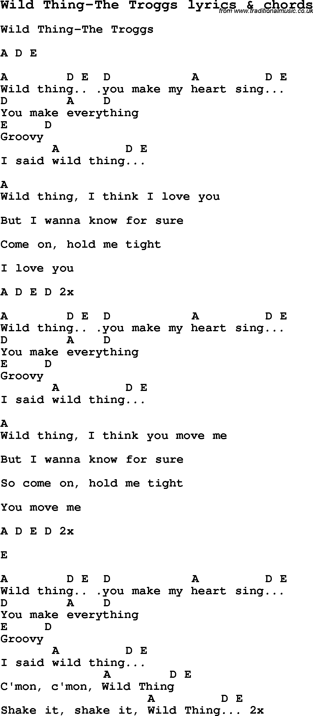 Love Song Lyrics for: Wild Thing-The Troggs with chords for Ukulele, Guitar Banjo etc.