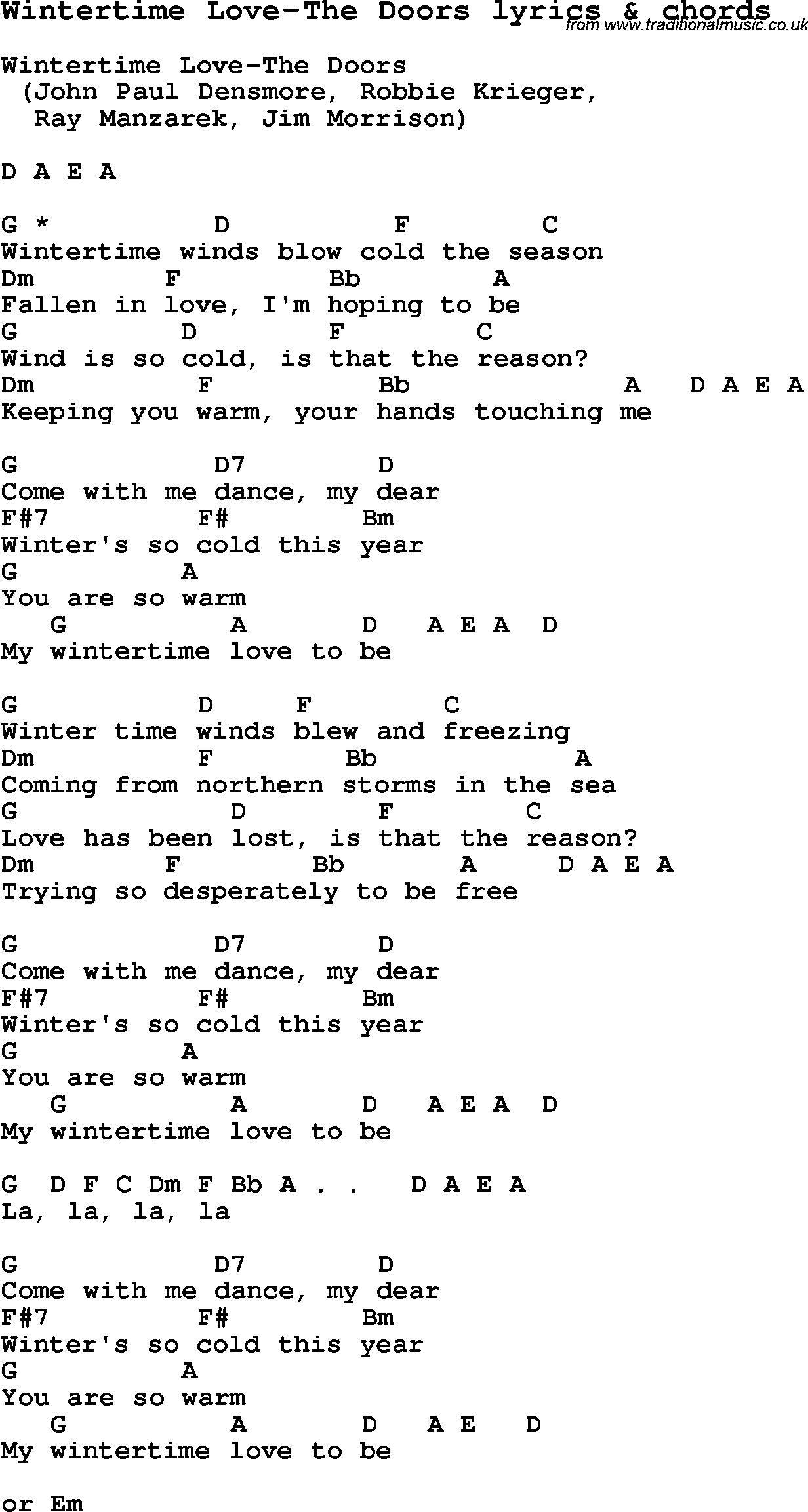 Love Song Lyrics for: Wintertime Love-The Doors with chords for Ukulele, Guitar Banjo etc.