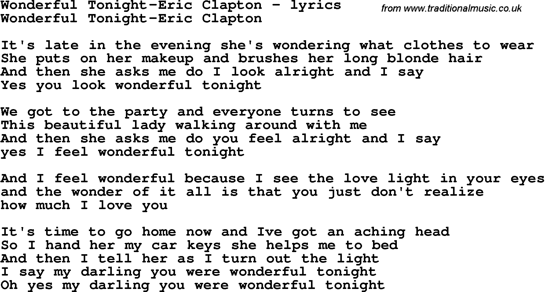 Love Song Lyrics for: Wonderful Tonight-Eric Clapton