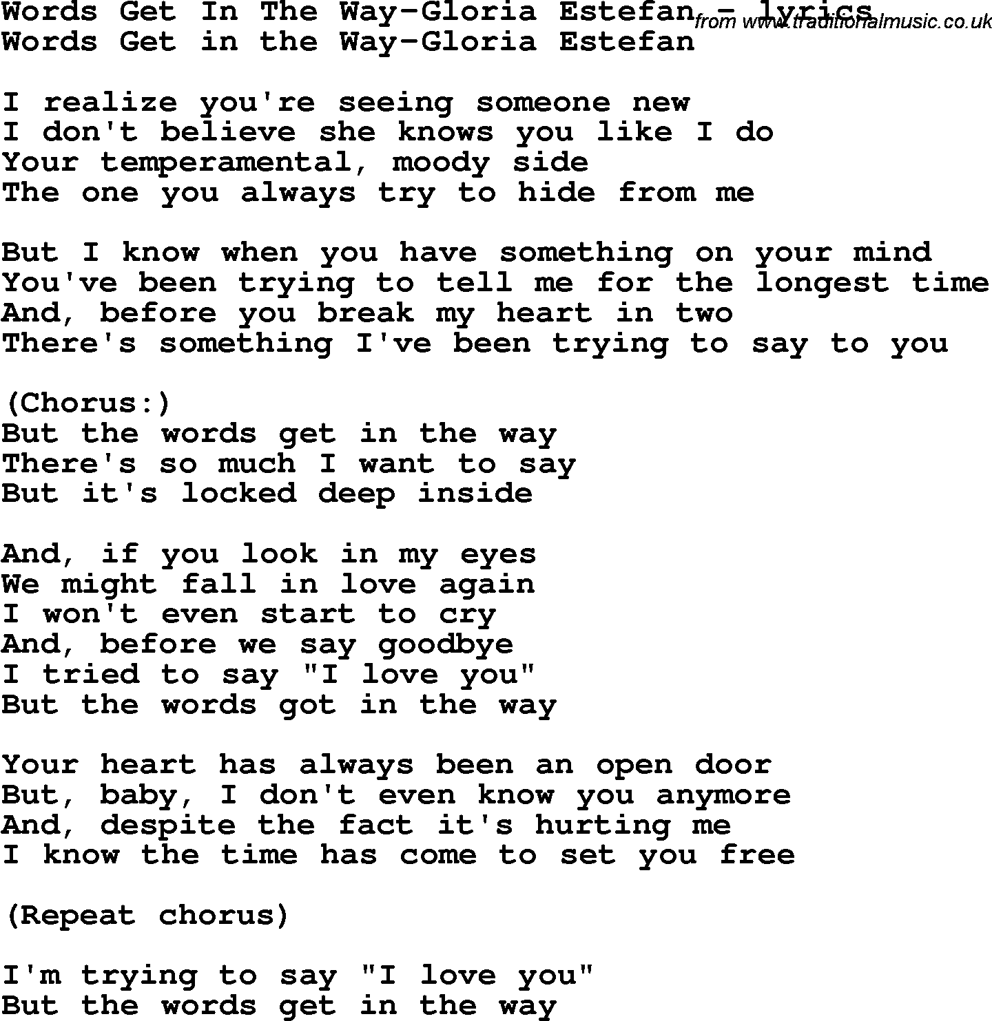 Love Song Lyrics for: Words Get In The Way-Gloria Estefan