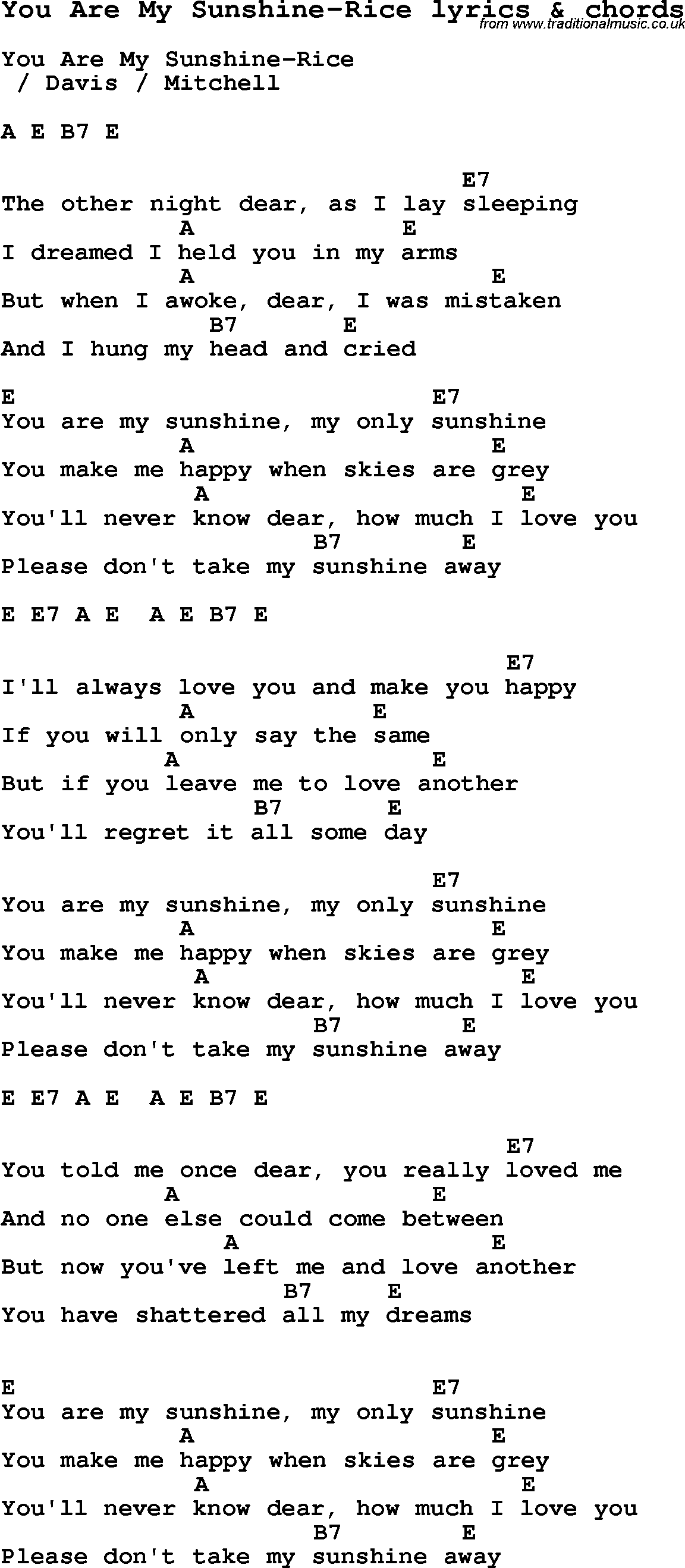 Love Song Lyrics for: You Are My Sunshine-Rice with chords for Ukulele, Guitar Banjo etc.