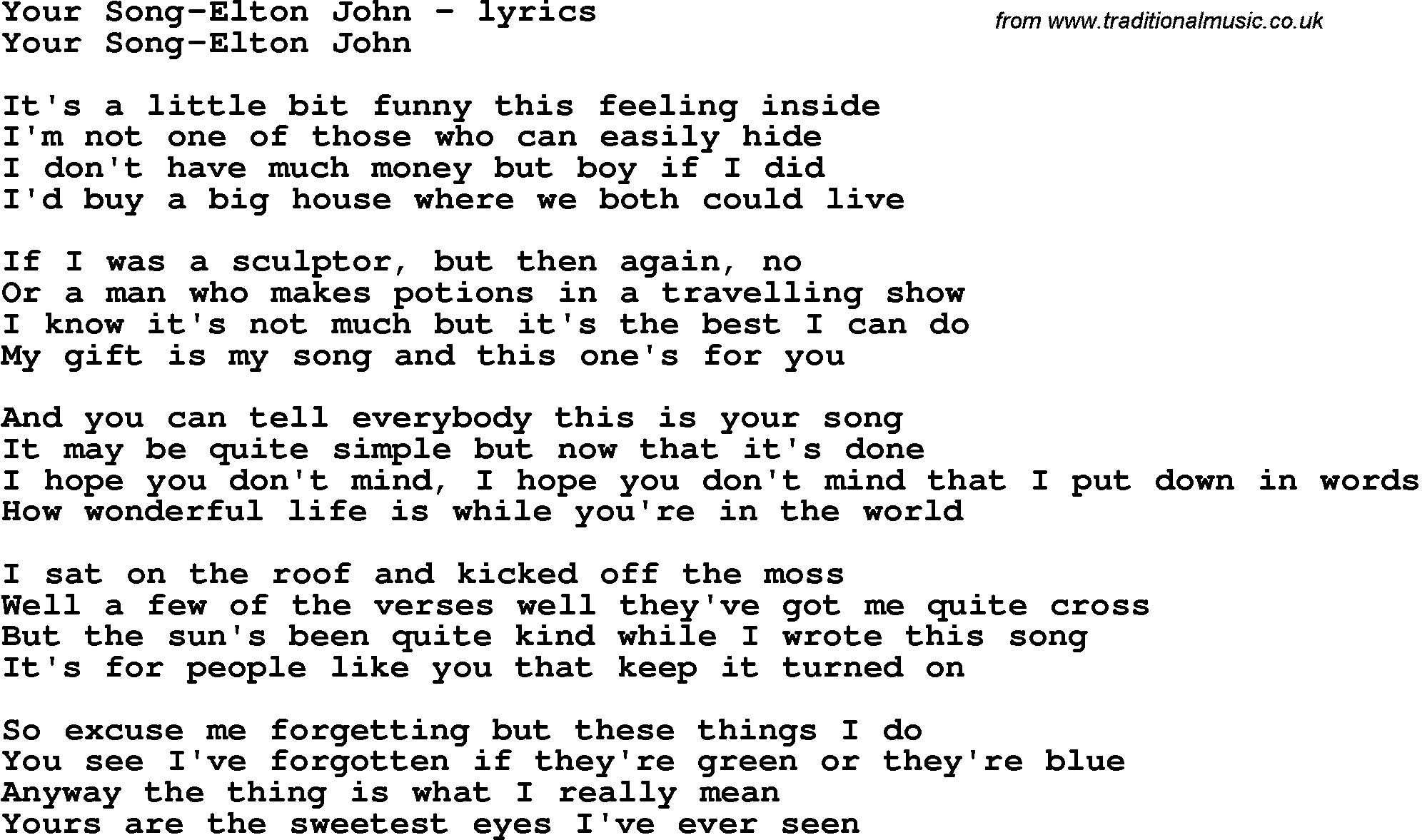 Love Song Lyrics for: Your Song-Elton John